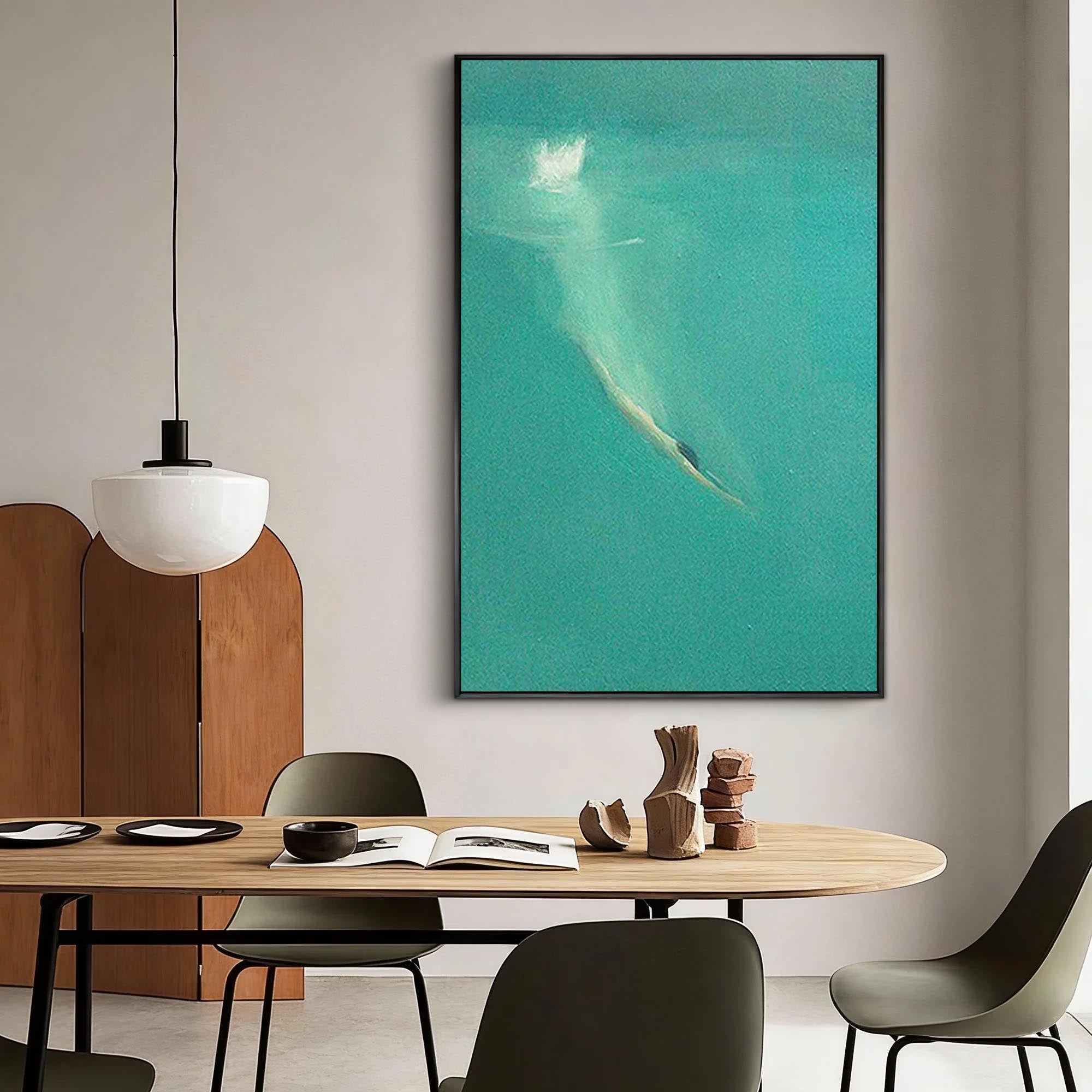 Summer Dive – Modern Minimalist Turquoise Ocean Diver Painting | Large Framed Canvas Hallway Art