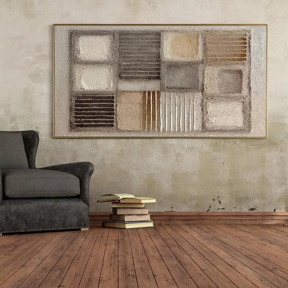 Earthen Mosaic – Modern Neutral Plaster Relief Grid Wabi-Sabi Painting | Japandi Organic Wabi-Sabi Living Room & Hallway Art