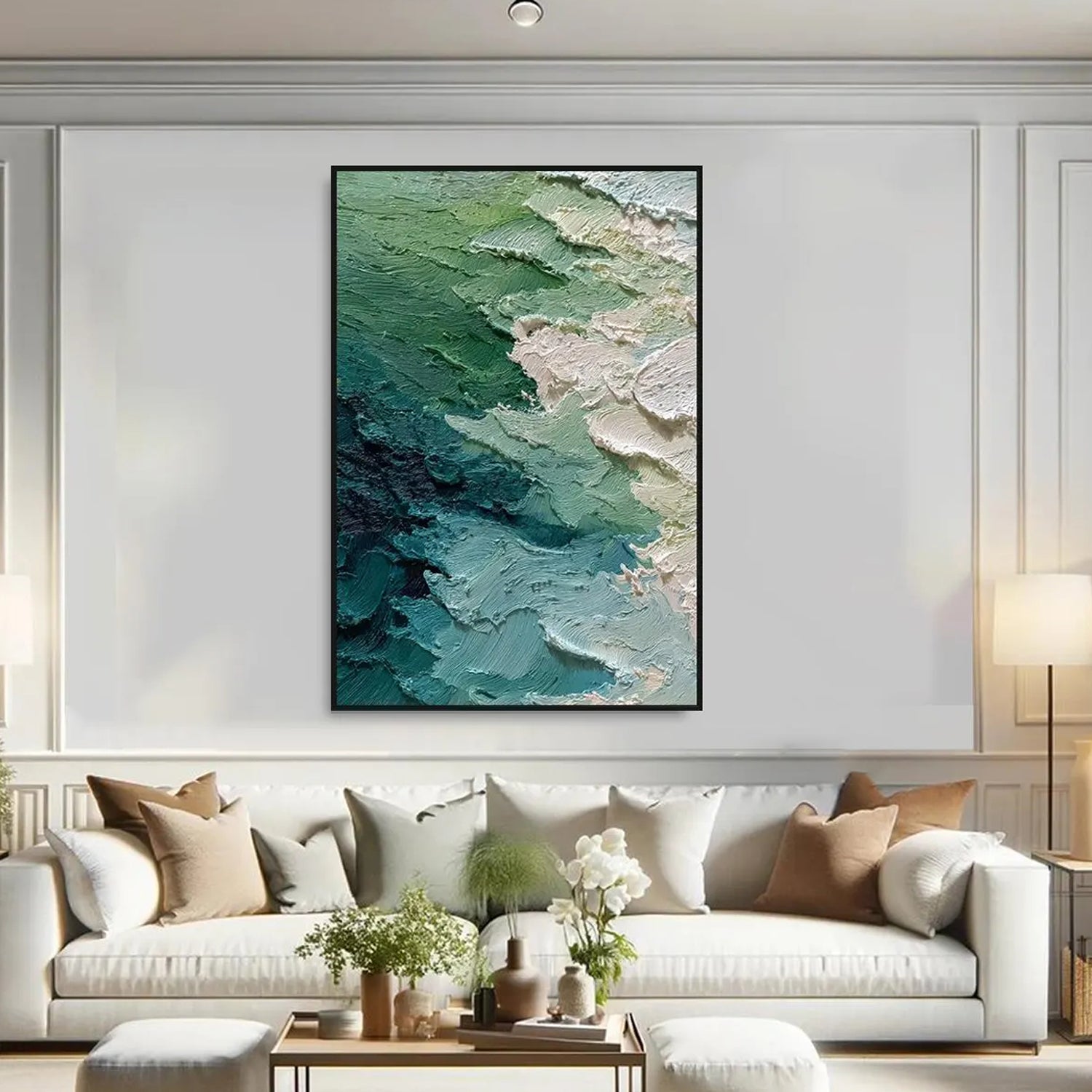Moss Strata – Sage Green Abstract Shoreline Wabi-Sabi Painting | Japandi Wabi-Sabi Living Room & Bedroom Art