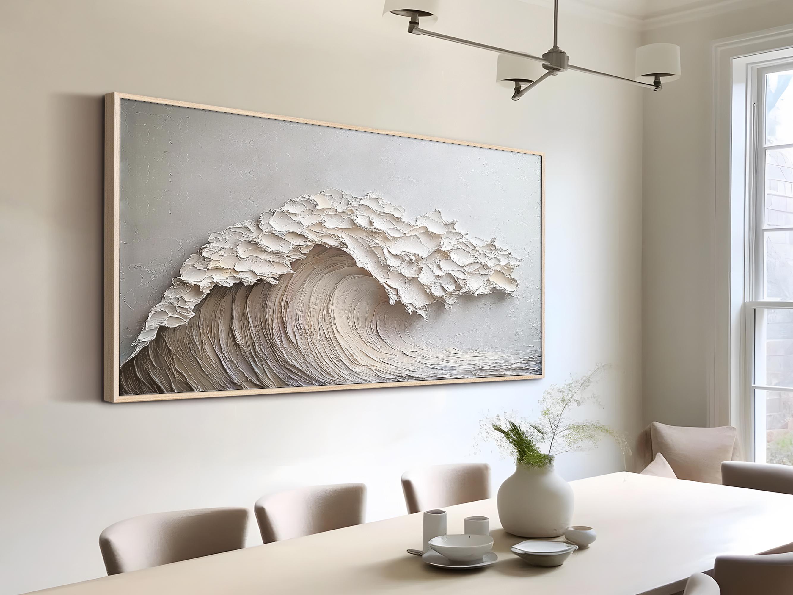 Snow Tide – Hand-Painted Minimalist White Ocean Wave 3D Plaster Relief Texture Painting | Coastal Modern Living Room & Bedroom Art