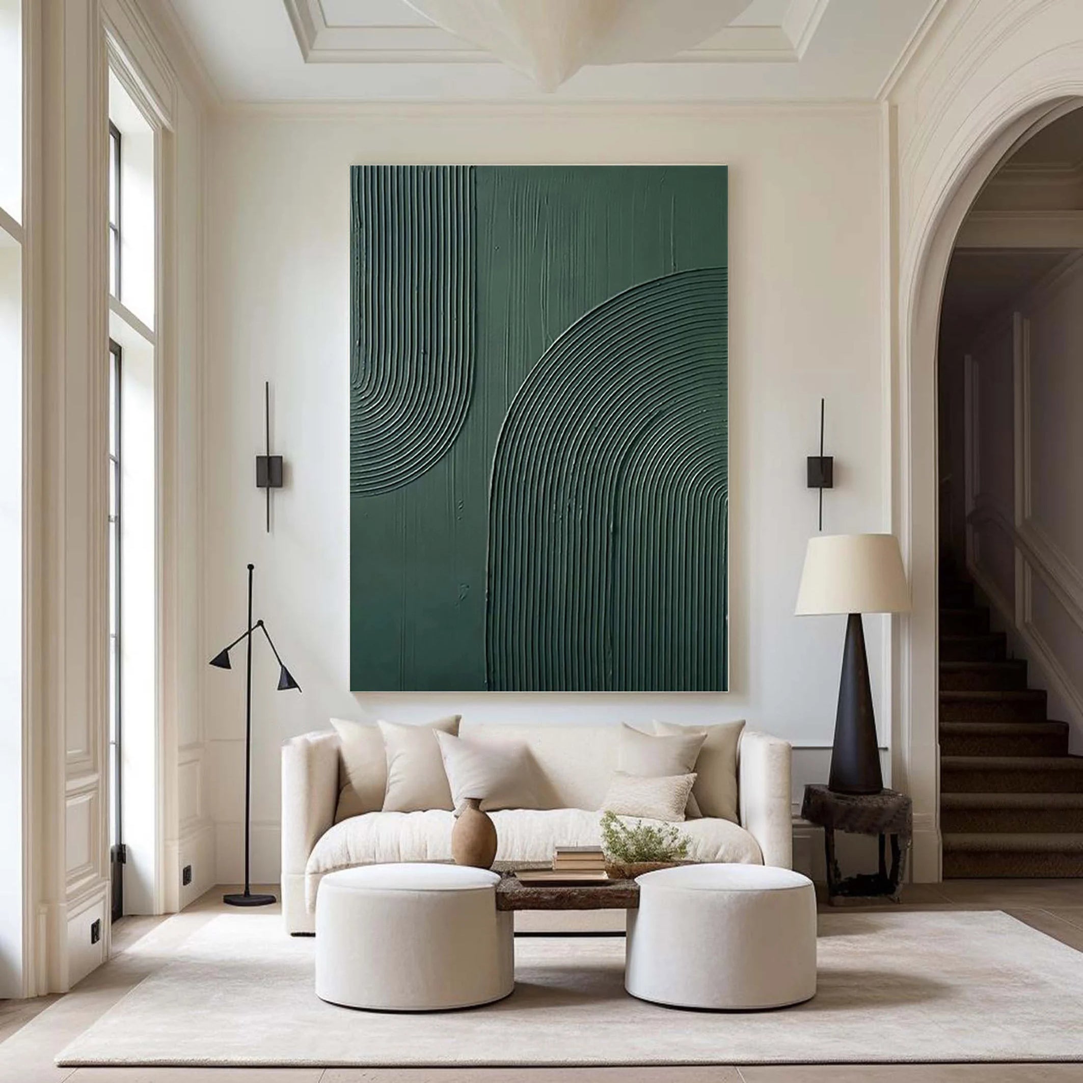 Archway Rhythm – Hand-Painted Sage Green Geometric Arch Line Relief Wabi-Sabi Painting | Japandi Wabi-Sabi Living Room & Bedroom Art