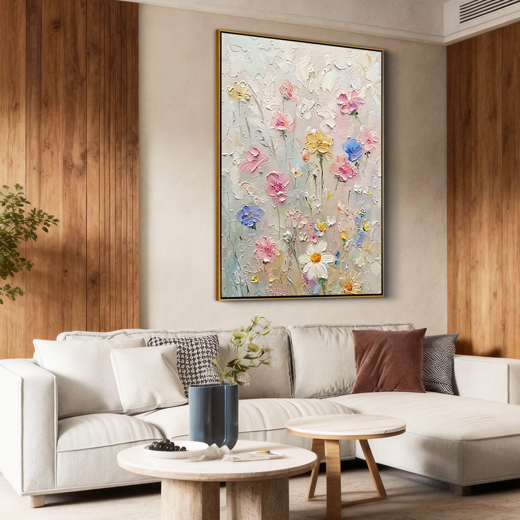 Wild Daisy – Hand-Painted Minimalist Beige and Pink 3D Floral Painting | Soft Organic Botanical Bedroom & Living Room Art