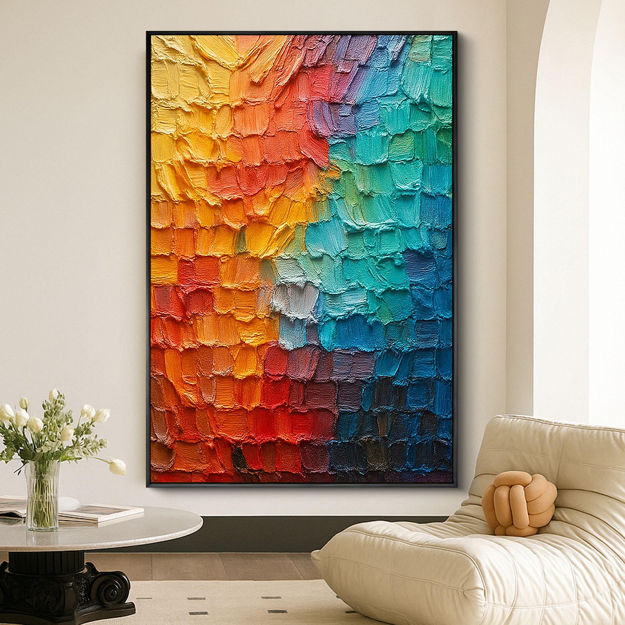 Spectrum Cube – Hand-Painted Multicolored Rainbow Palette Knife 3D Abstract Painting | Bold Abstract Palette Knife Living Room Art