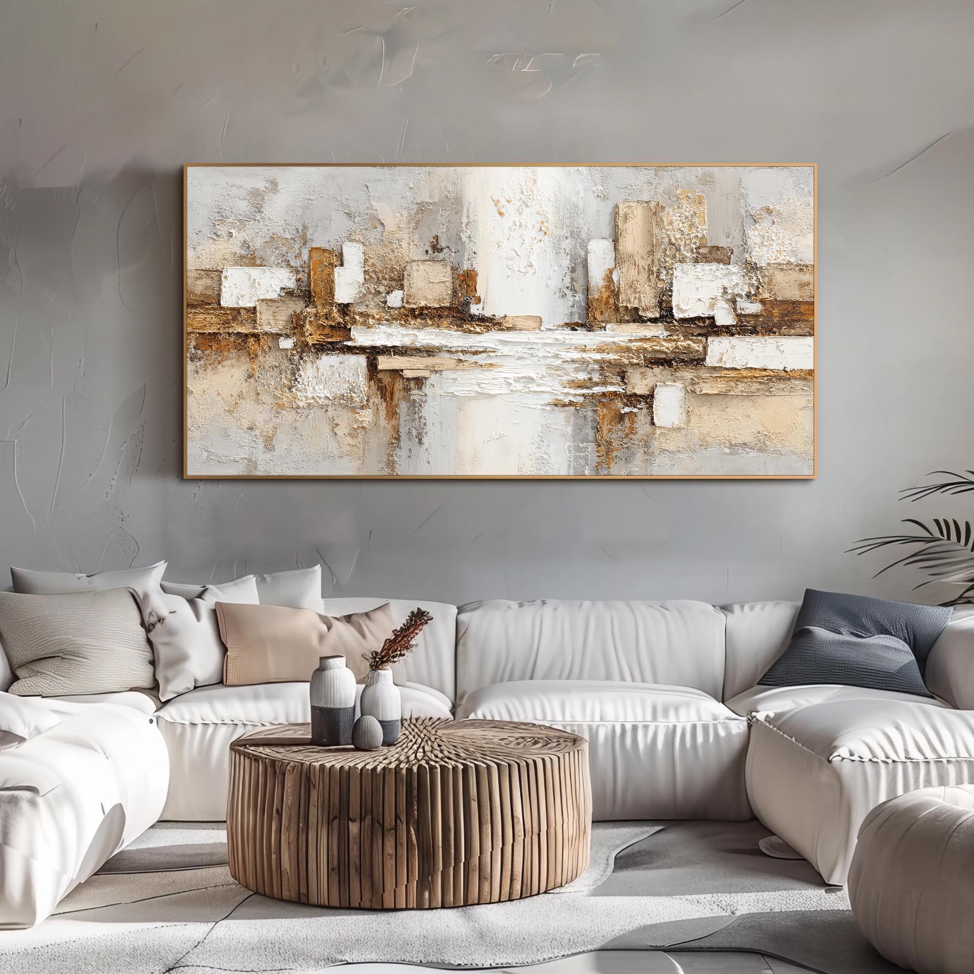 URBAN GLIMPSE: Panoramic 3D Heavy Texture Abstract Wall Art, Modern Gold & Neutral Relief
