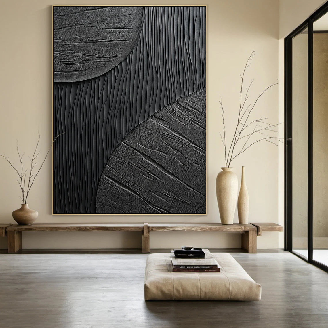 Shadow Texture – Hand-Painted All-Black Minimalist Mixed Plaster Relief Texture Painting | Bold Minimalist Bedroom & Home Office Art
