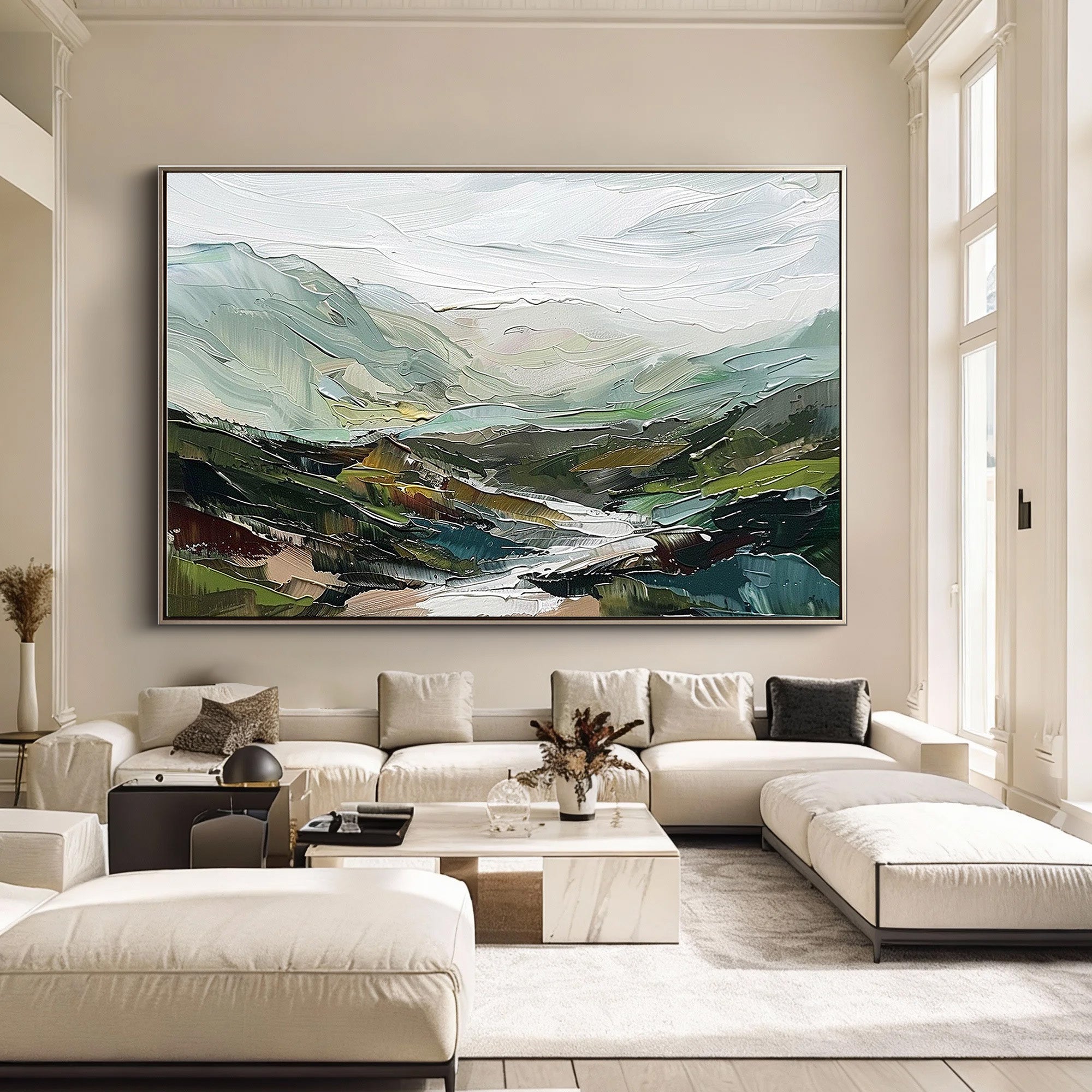 Emerald Valley – Hand-Painted Green Mountain and River Valley Palette Knife Oil Landscape Painting | Contemporary Mountain Living Room & Home Office Art