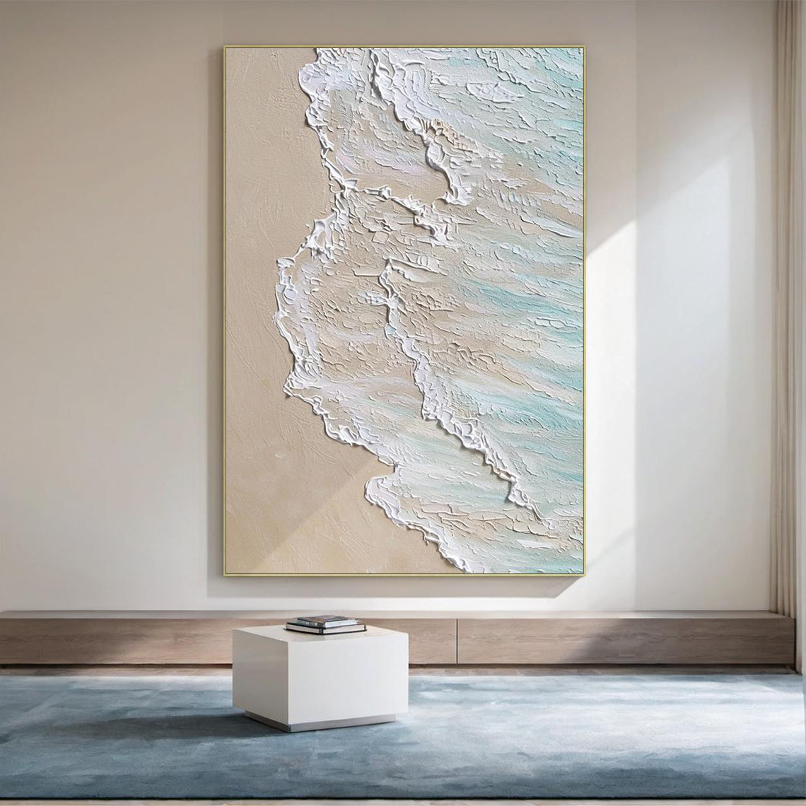 Shoreline Drift – Hand-Painted Ocean Wave Sea Foam 3D Relief Seascape Painting | Coastal Modern Living Room & Bedroom Art