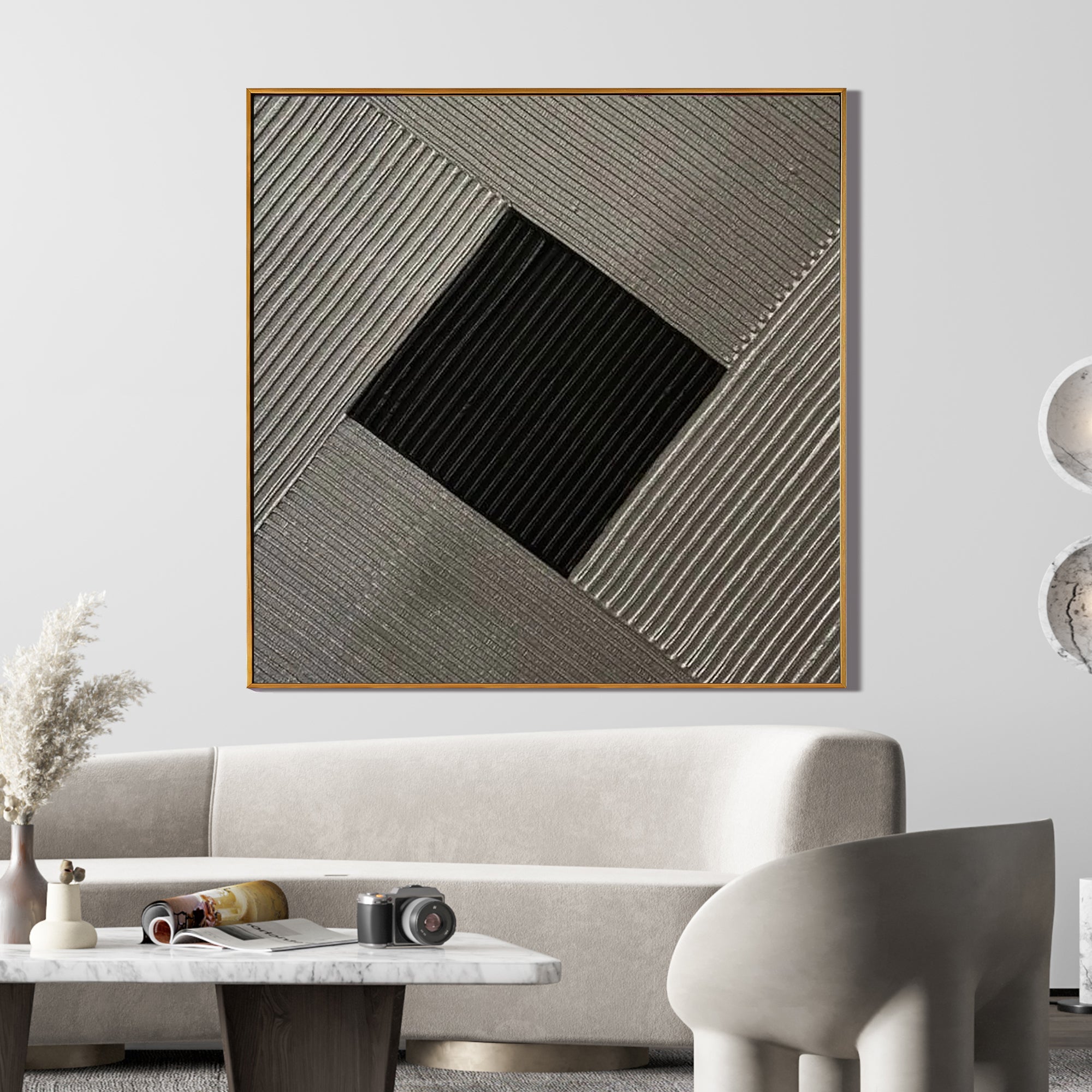 Onyx Vortex – Modern Black & Charcoal Plaster Relief Wabi-Sabi Painting | Modern Noir Wabi-Sabi Living Room & Home Office Art
