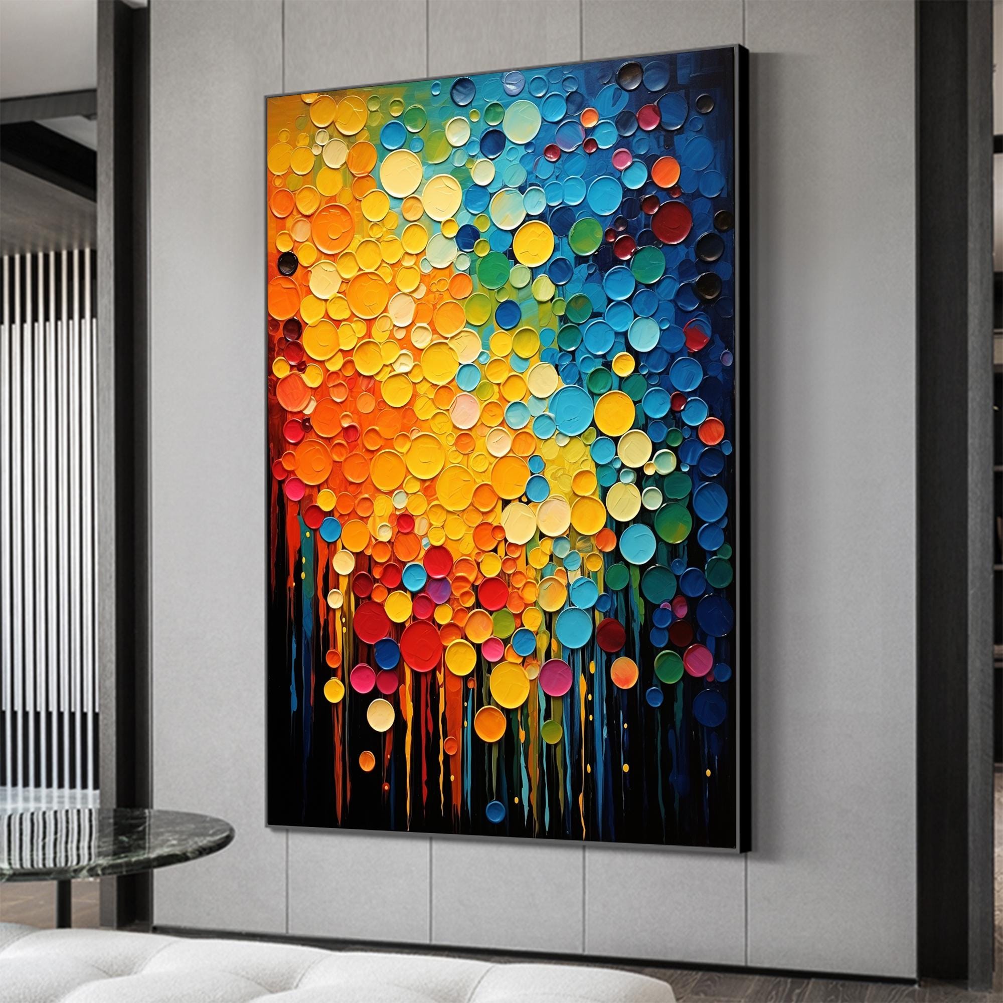 Vibrant Dots – Hand-Painted Multicolored Circular Pop Art Palette Knife Texture Painting | Bold Abstract Palette Knife Living Room Art