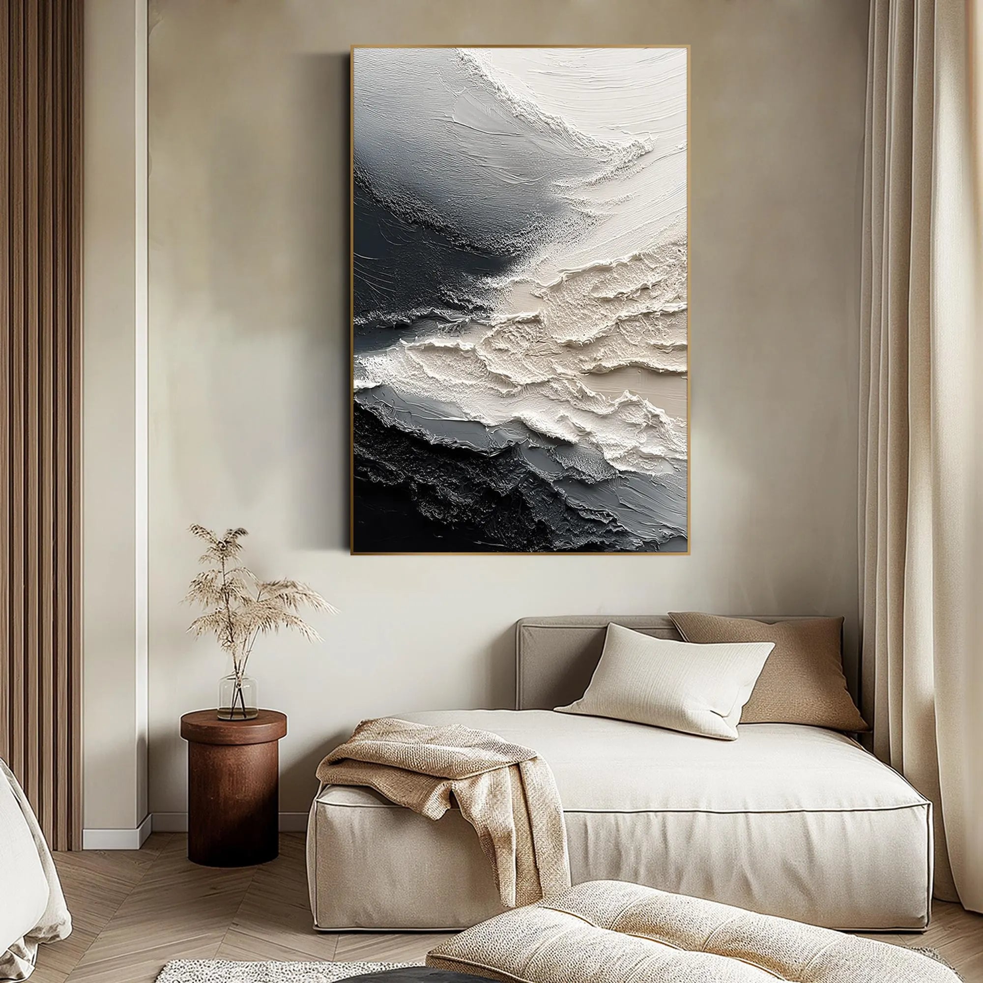 Arctic Fissure – Hand-Painted Black and White Plaster Effect Relief Texture Painting | Bold Minimalist Bedroom & Home Office Art