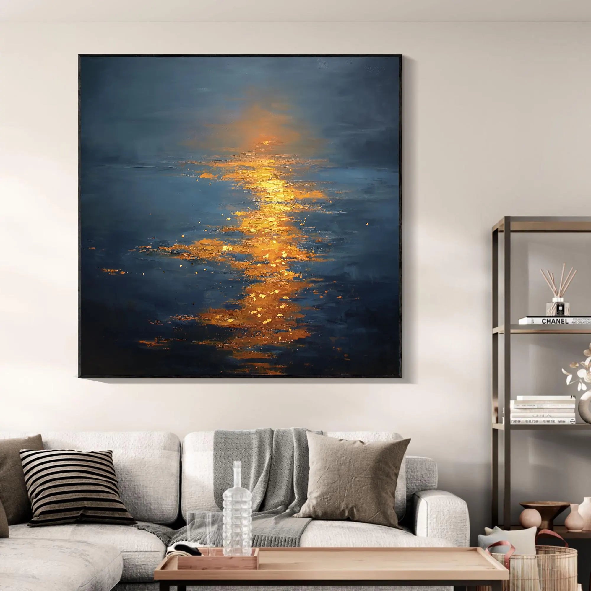 Golden Path – Deep Blue & Gold Sunset Impasto Texture Painting | Coastal Modern Living Room & Bedroom Art