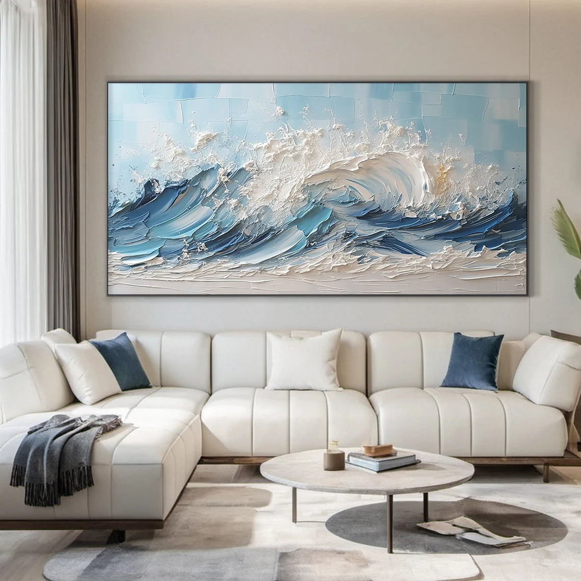 Azure Rage – Hand-Painted Deep Blue Ocean Wave 3D Plaster Effect Seascape Painting | Coastal Modern Living Room & Bedroom Art
