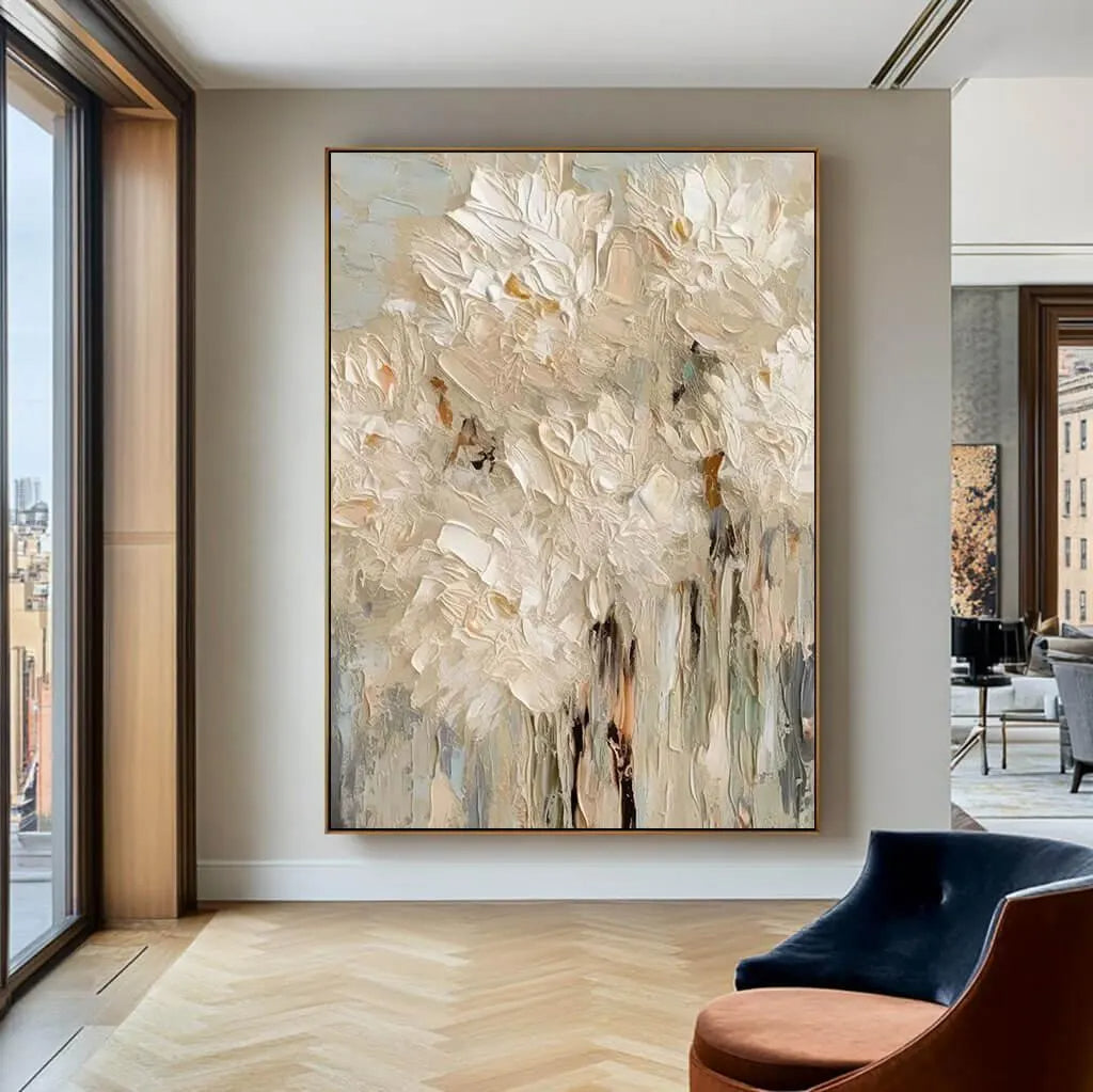 Vanilla Surge – Modern Palette Knife Floral Relief Floral Painting | Contemporary Botanical Bedroom & Living Room Art