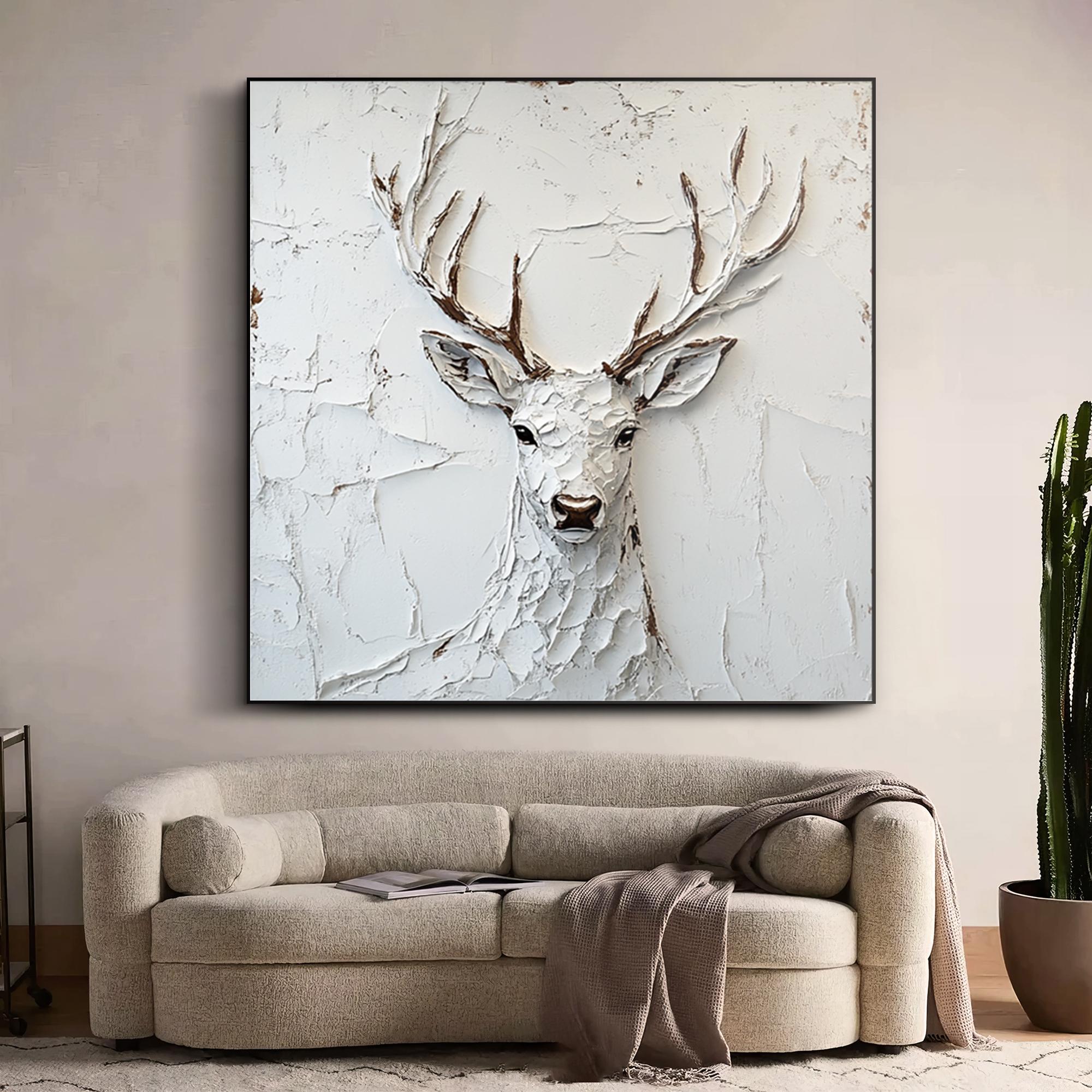 WINTER SPIRIT: 3D Heavy Texture White Deer Wall Art, Plaster Relief Stag Sculpture Art