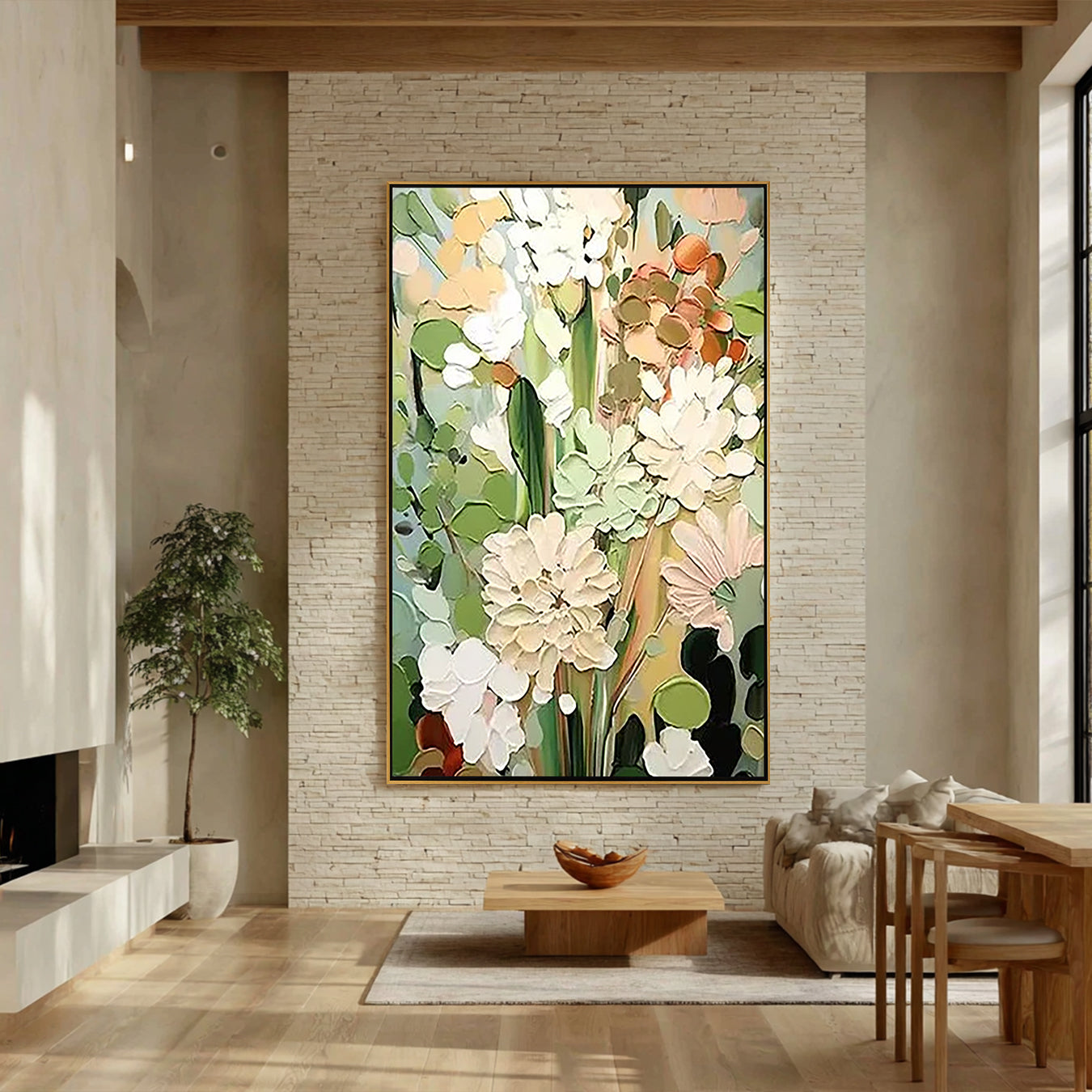 Verdant Bloom – Hand-Painted Sage Green and Cream 3D Impasto Palette Knife Floral Painting | Heavy Texture Studio Art