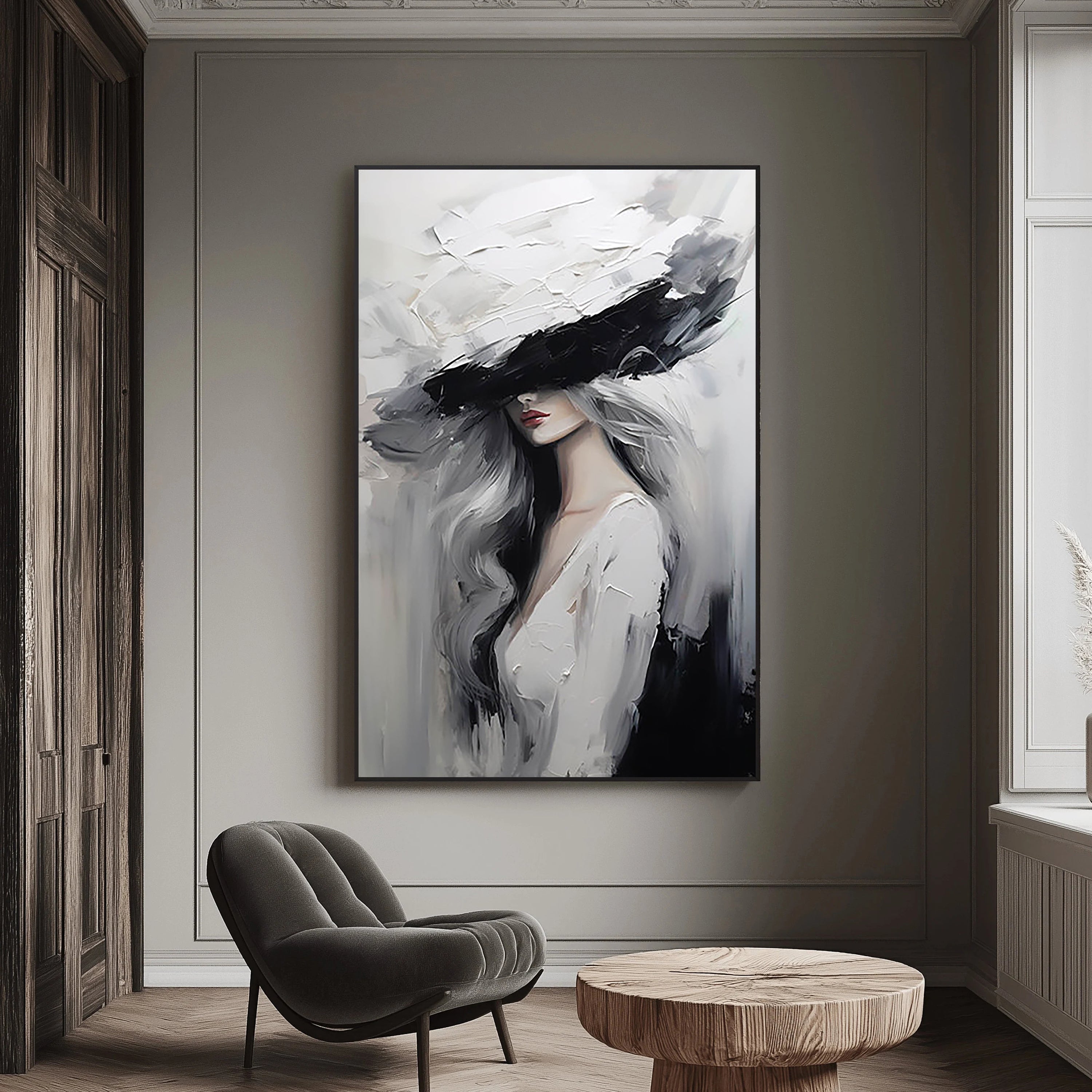 Modern Chic – Palette Knife Portrait Painting | Stylish Lady in Hat Abstract Bedroom Oil Art