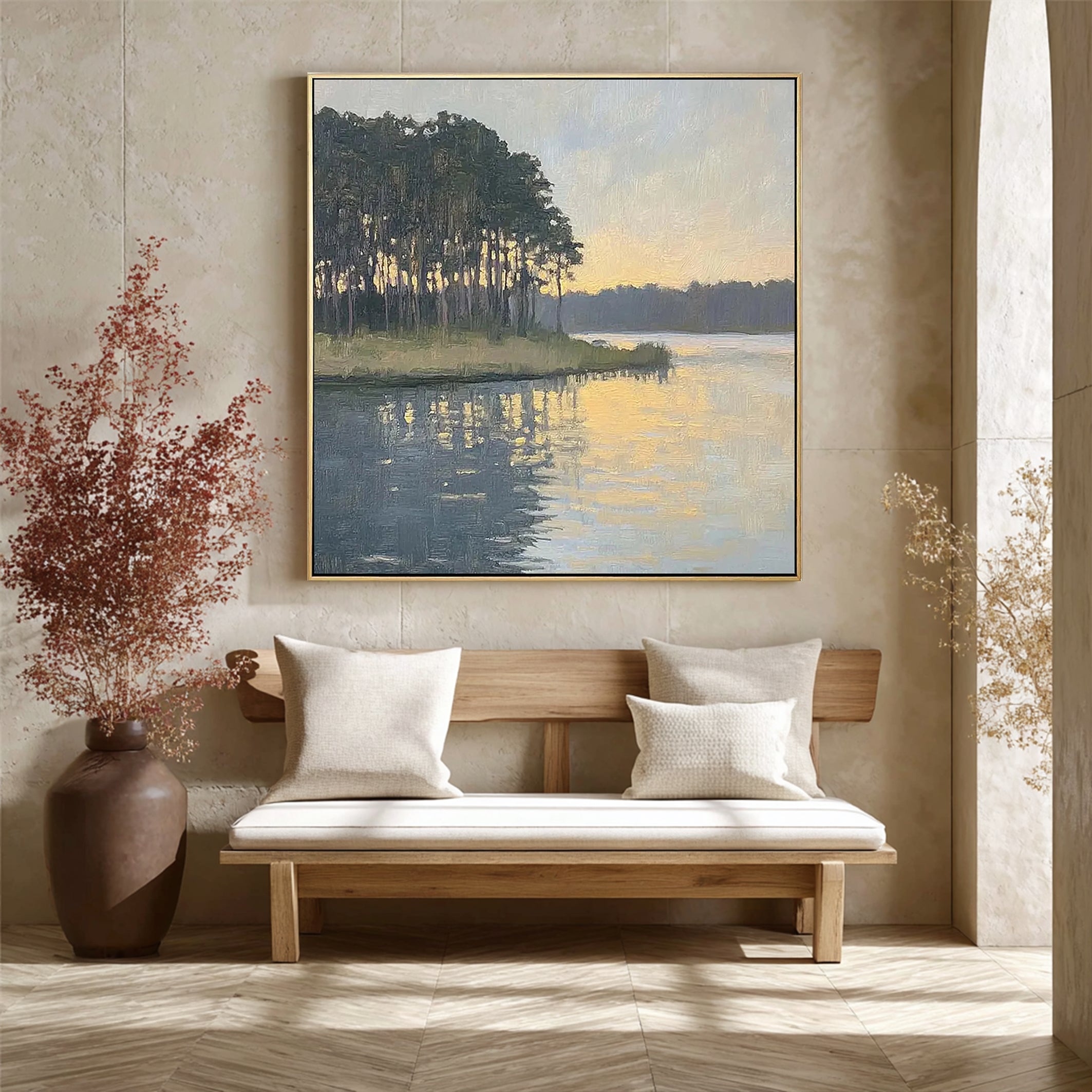 Shattered Gold in the Pines – Impressionist Lakeside Sunset Oil Painting | Serene Landscape Hallway Art