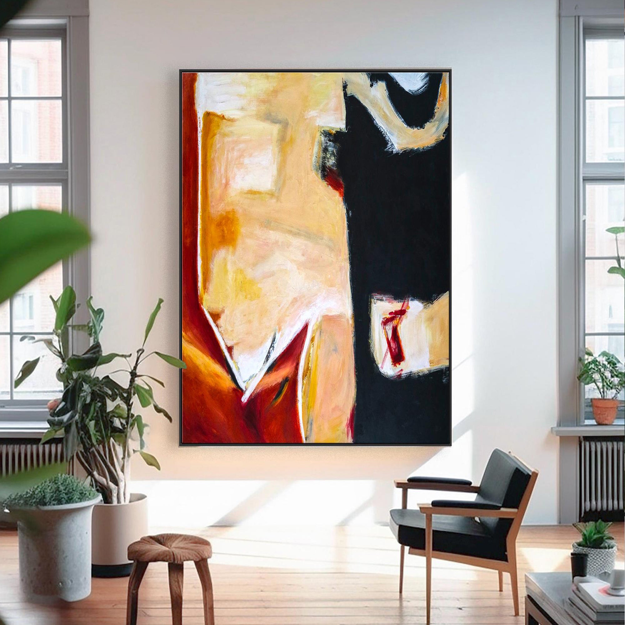 BOLD CONTRAST: Abstract Wall Art, Hand-Painted Black and Ochre Expressionist Palette Knife Heavy Texture Canvas Art