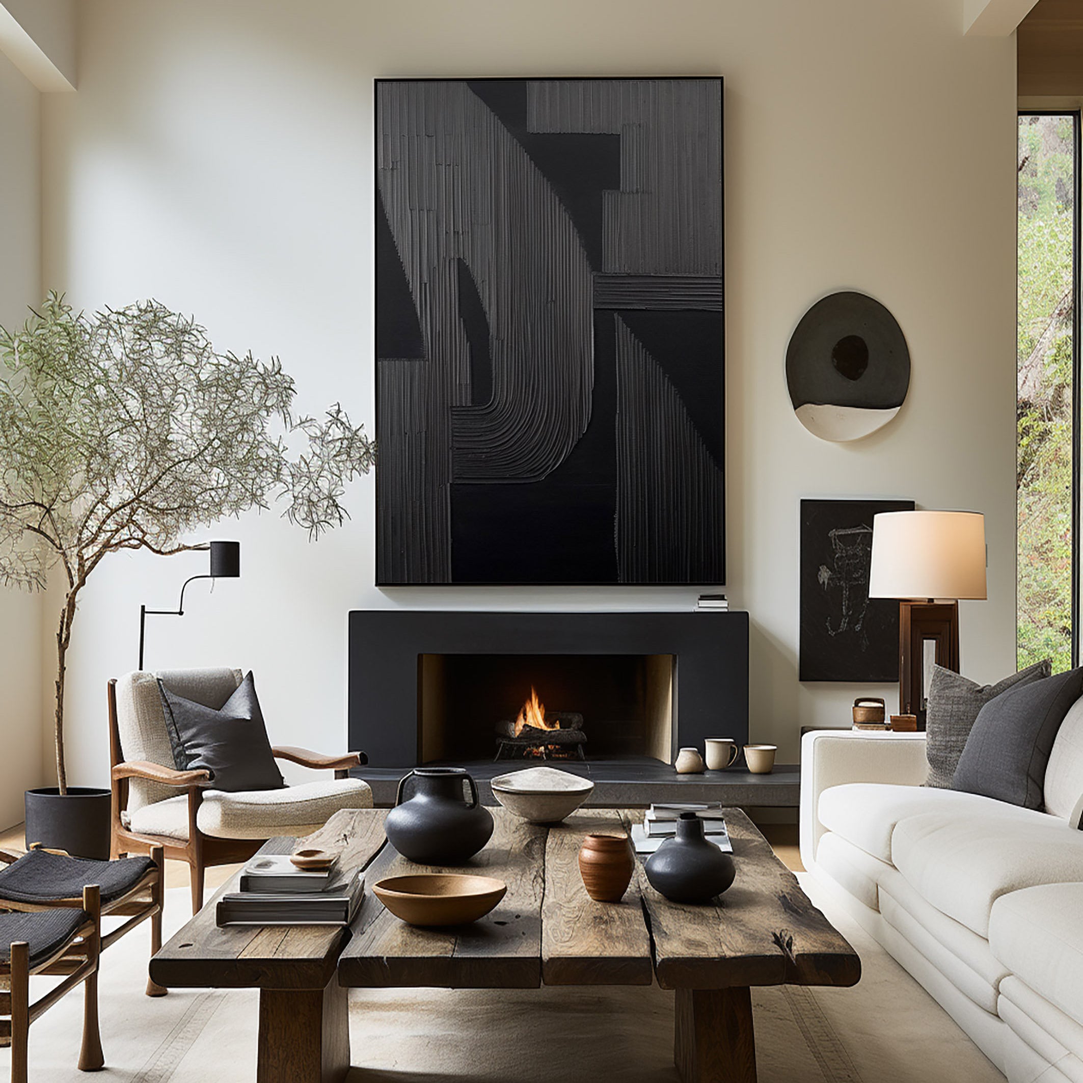 Shadow Arch – Hand-Painted Matte Black Fluted Texture 3D Relief Wabi-Sabi Painting | Japandi Wabi-Sabi Living Room & Bedroom Art