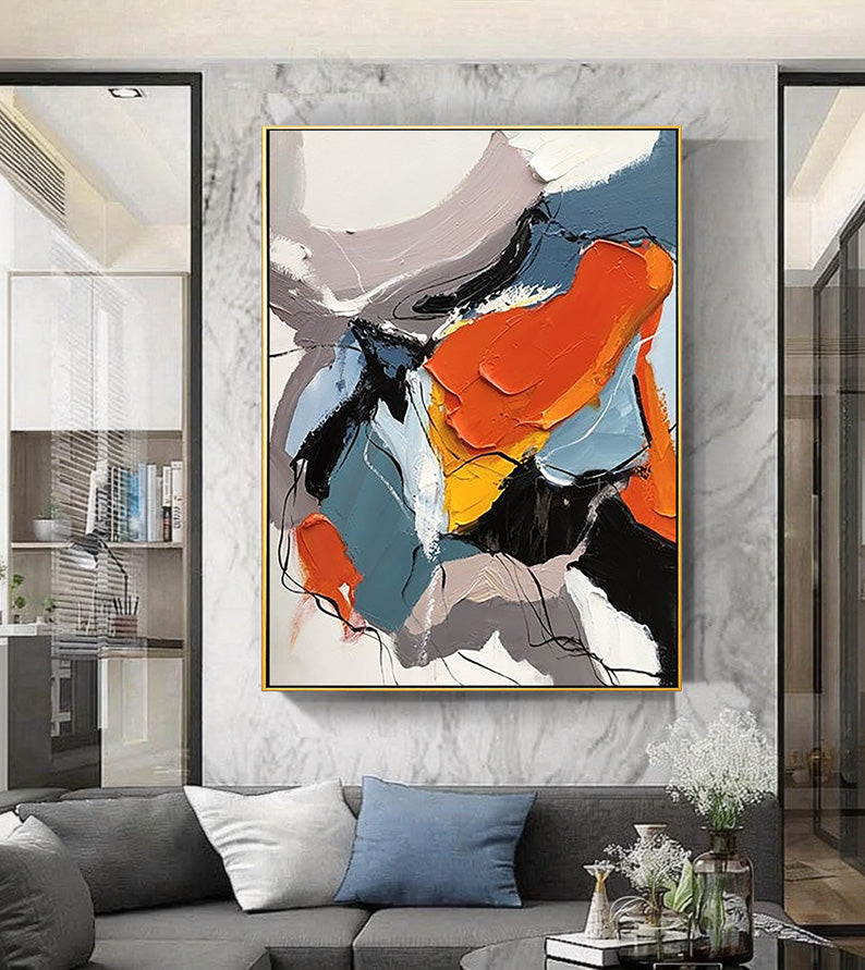 Vibrant Energy – Hand-Painted Bold Orange and Slate Grey Palette Knife Abstract Painting | Bold Abstract Palette Knife Living Room Art