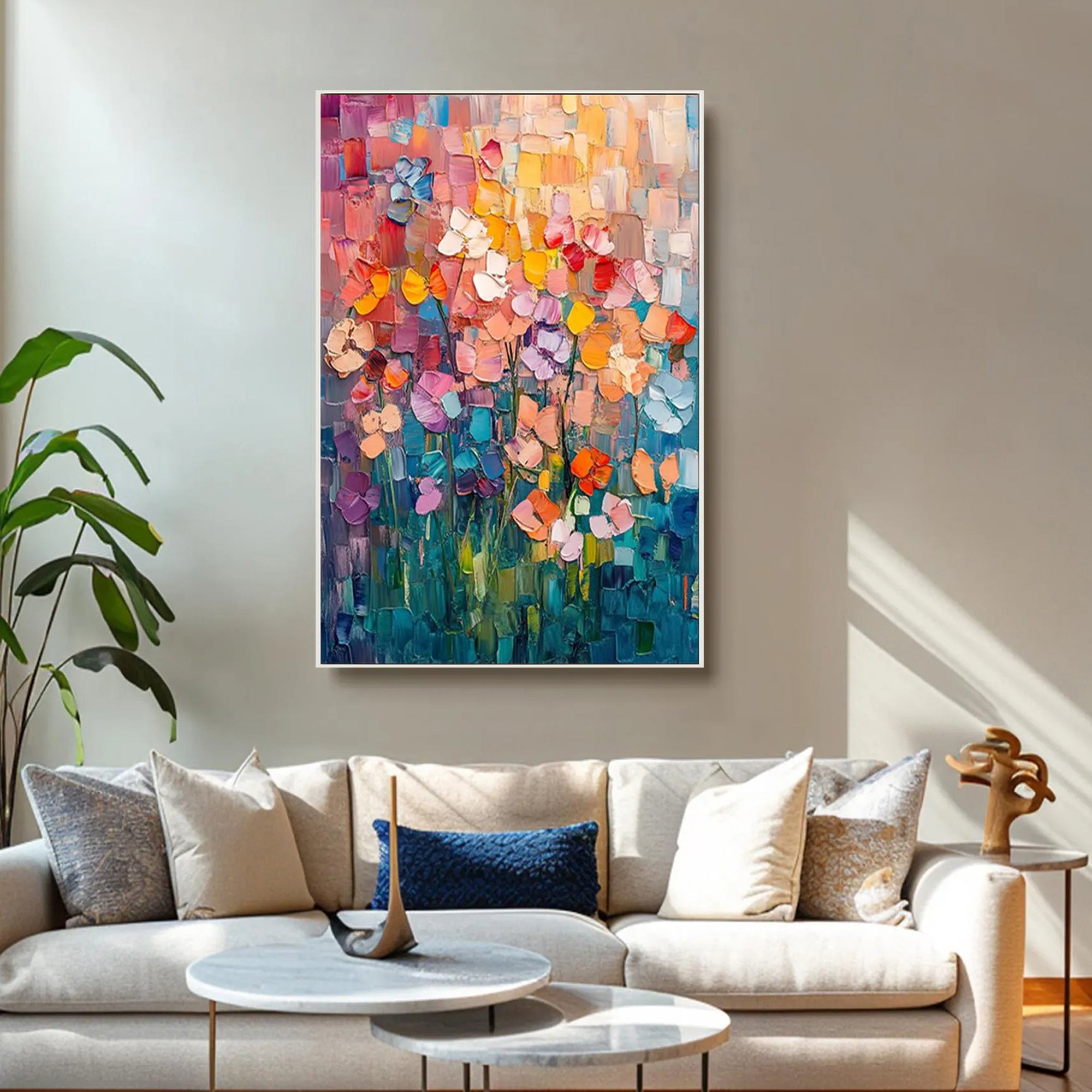 Vibrant Meadow – Hand-Painted Multicolored Rainbow Palette Knife Floral Painting | Vibrant Botanical Living Room & Dining Room Art