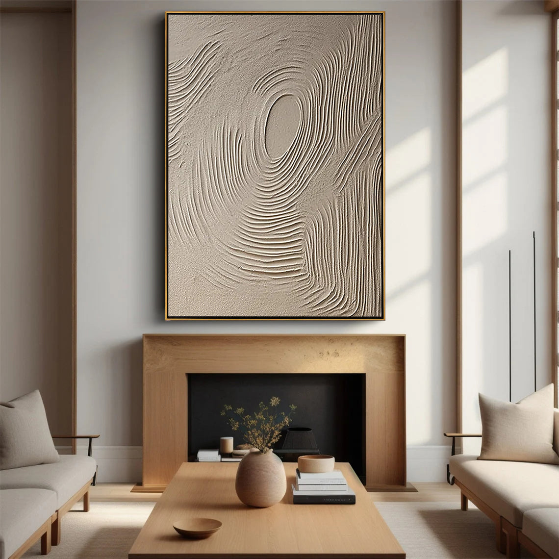 Zen Ripple – Hand-Painted Minimalist Beige Circular Line Relief Wabi-Sabi Painting | Japandi Organic Wabi-Sabi Living Room & Hallway Art