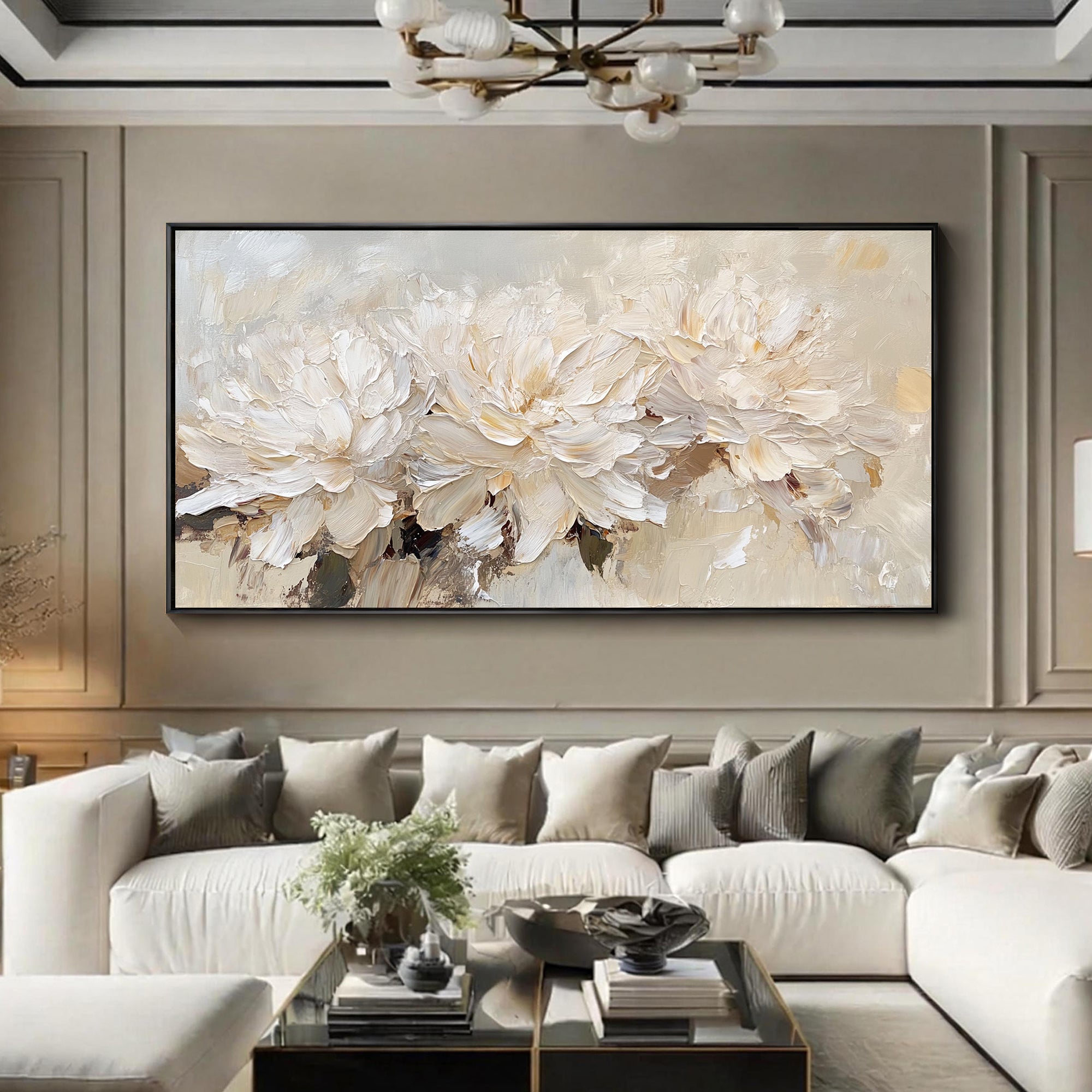VANILLA PEONY: Panoramic 3D Heavy Texture Floral Wall Art, Creamy Relief Palette Knife Painting