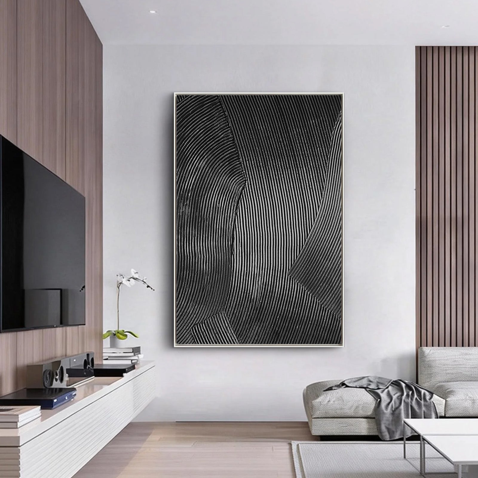 GRAVITY LINE: Texture Wall Art, Hand-Painted Black Linear Plaster Relief 3D Heavy Texture Canvas Art