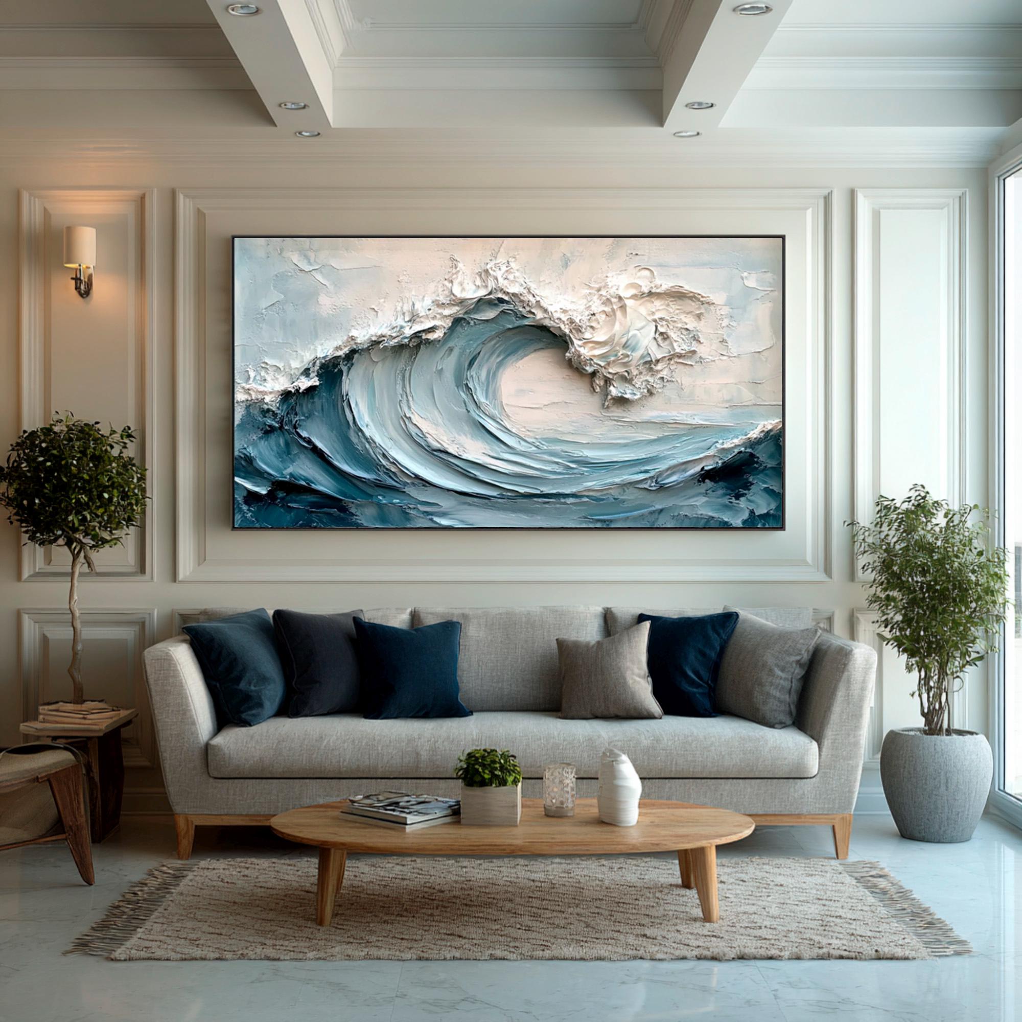 Pacific Surge – Modern Blue Ocean Relief Texture Painting | Coastal Modern Living Room & Bedroom Art