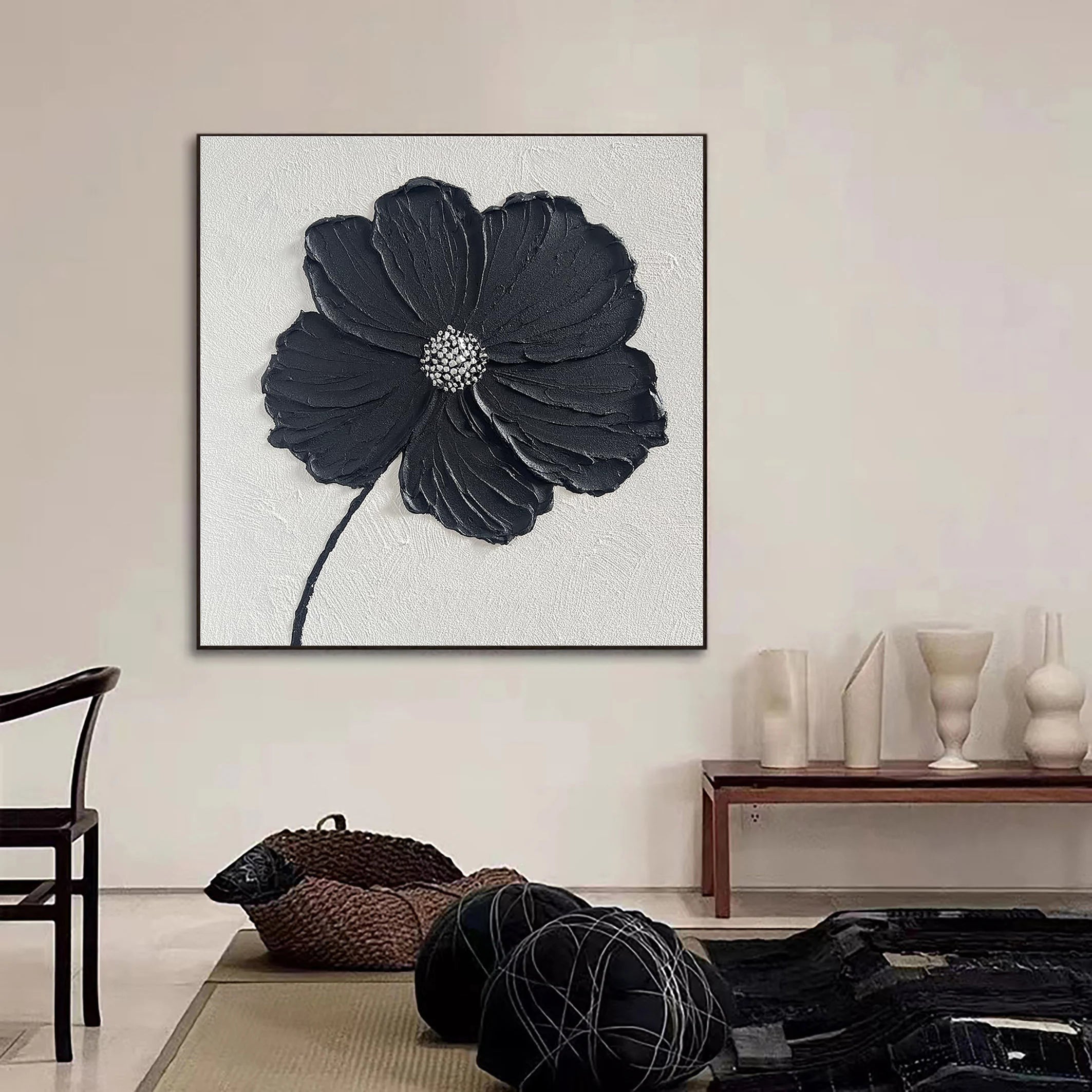 Midnight Petal – Black Minimalist Plaster Relief Floral Painting | Contemporary Botanical Bedroom & Living Room Art