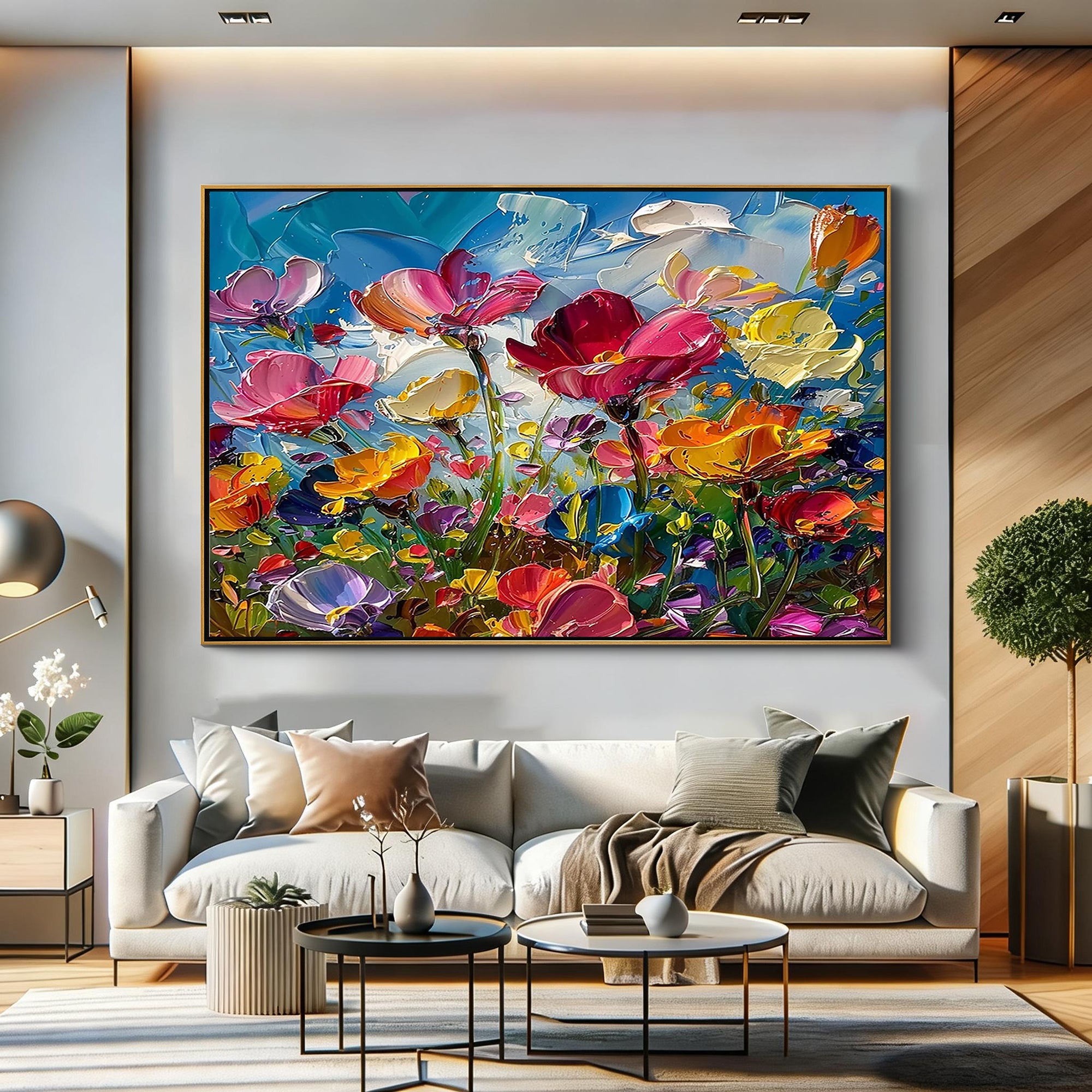 Vivid Bloom – Modern Rainbow Wildflower Impasto Floral Painting | Vibrant Botanical Living Room & Dining Room Art