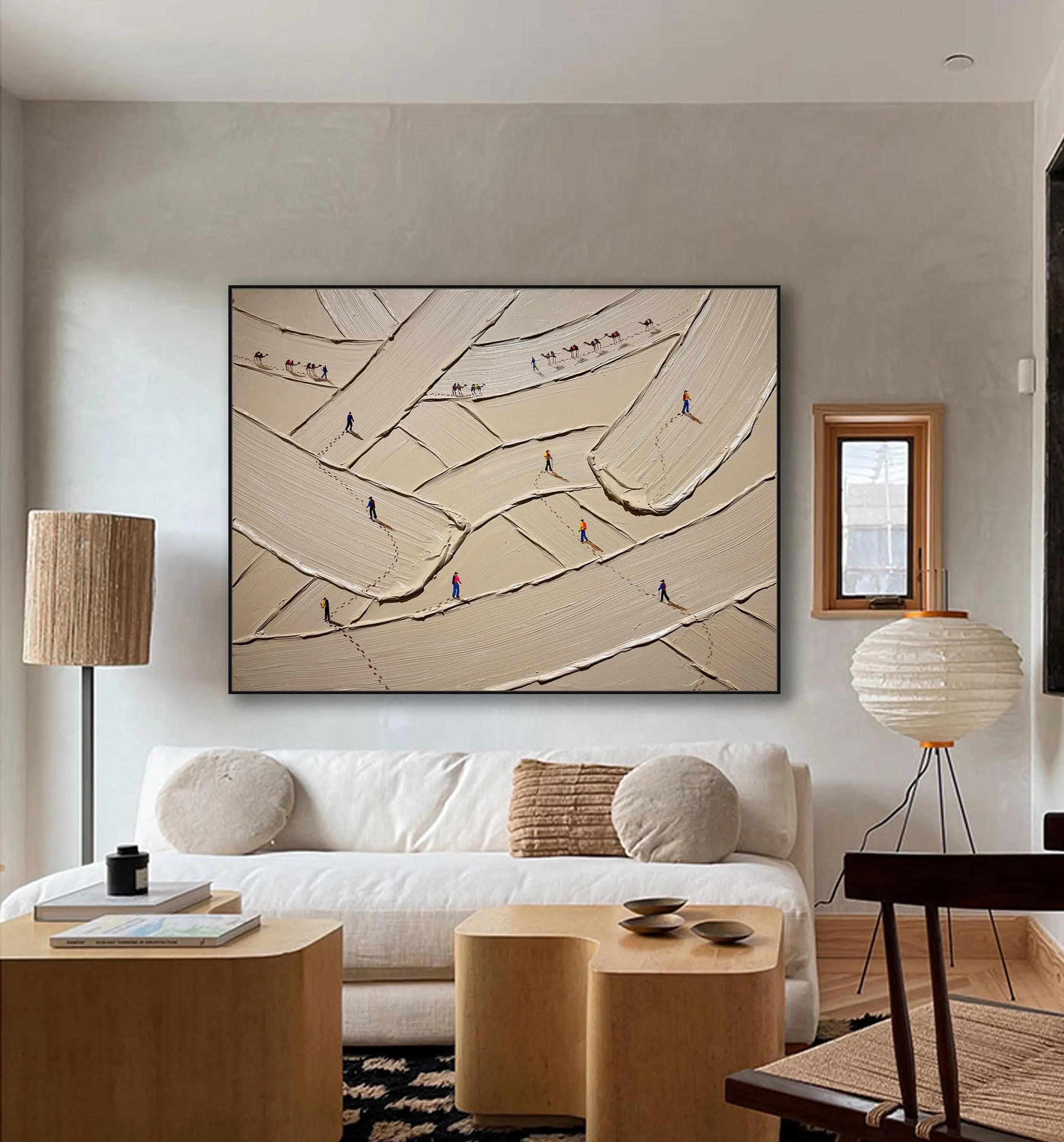 URBAN PATHWAYS: Texture Wall Art, Hand-Painted Horizontal Oatmeal Wide Brushstroke Plaster Relief 3D Heavy Texture Gallery Art