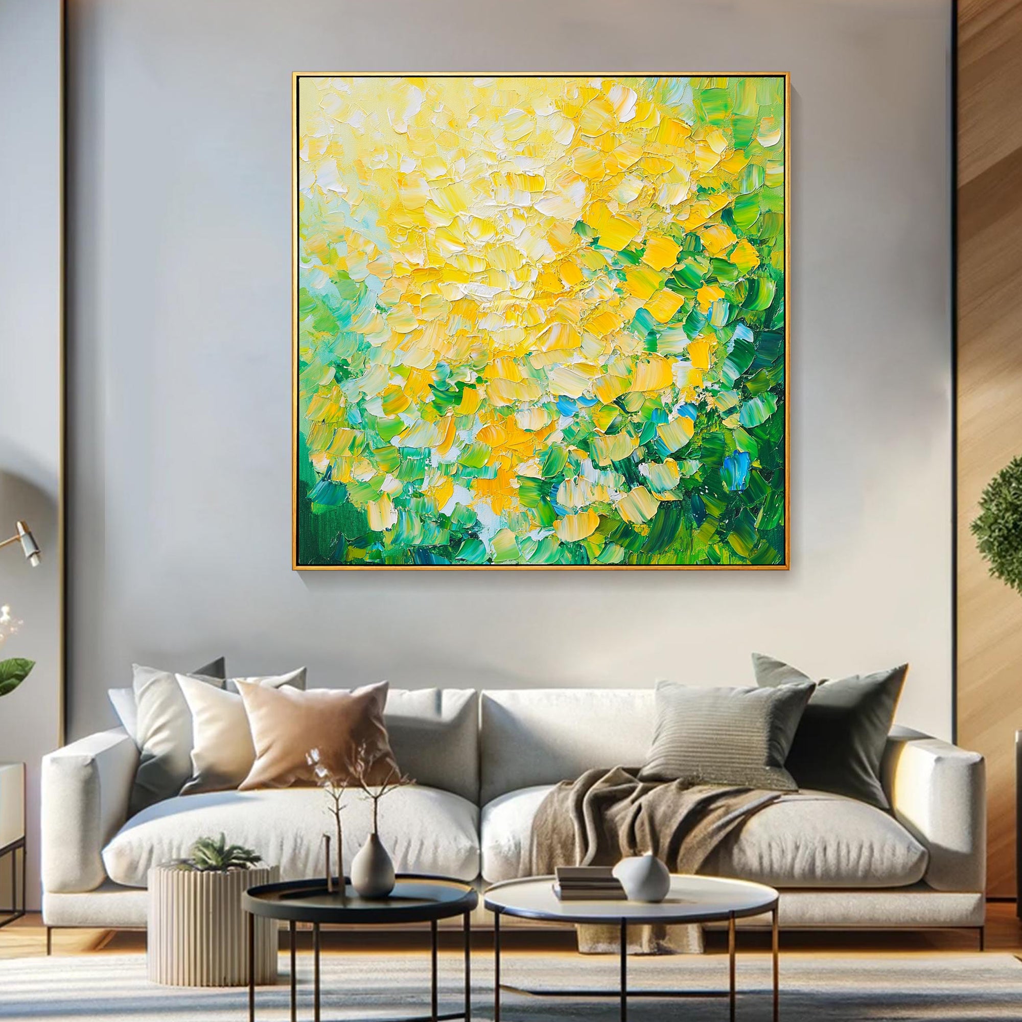 Mint Sunlight – Green & Yellow Palette Knife Relief Abstract Painting | Modern Abstract Living Room & Office Art