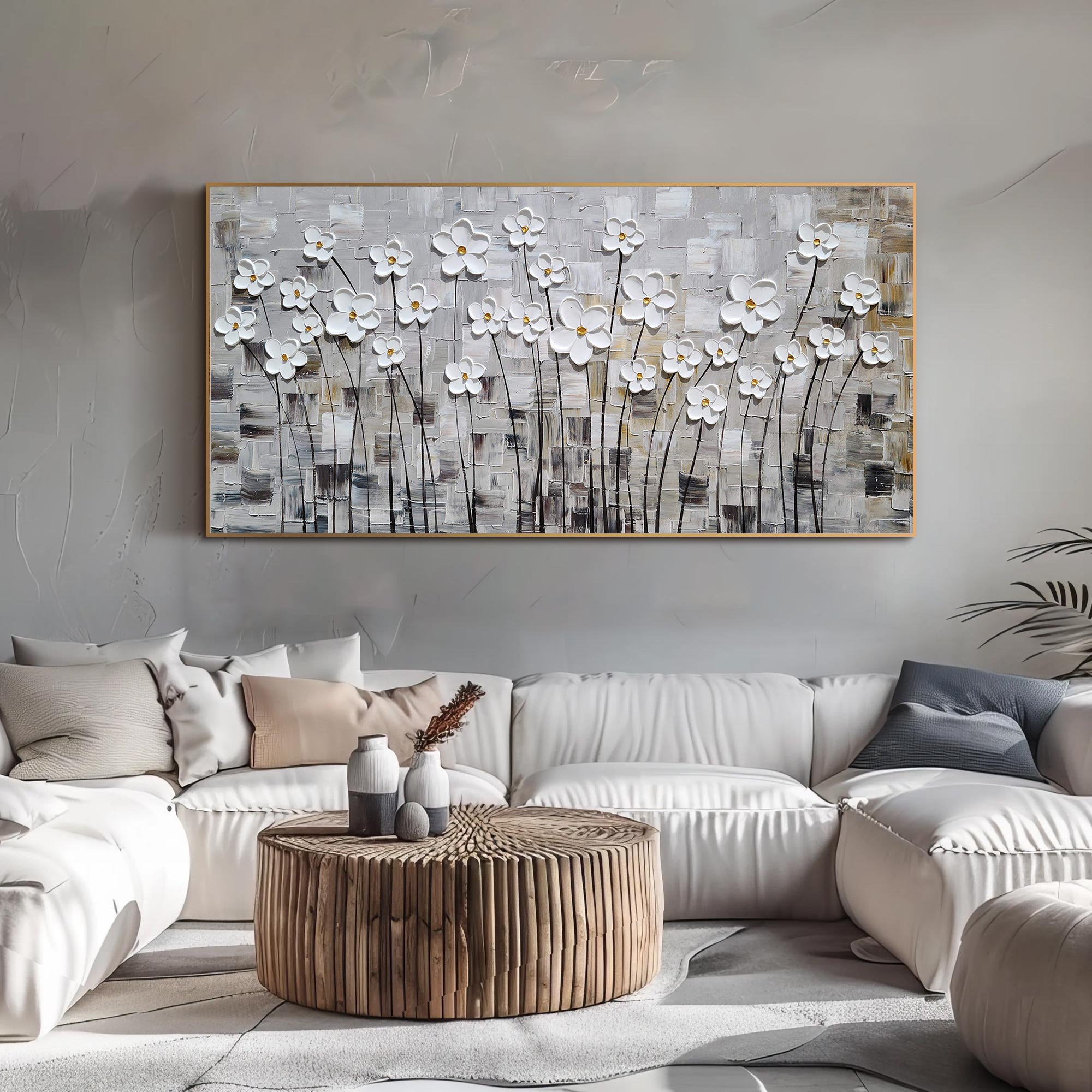 Modern Meadow – White Daisy Grid Relief Impasto Floral Painting | Contemporary Botanical Bedroom & Living Room Art