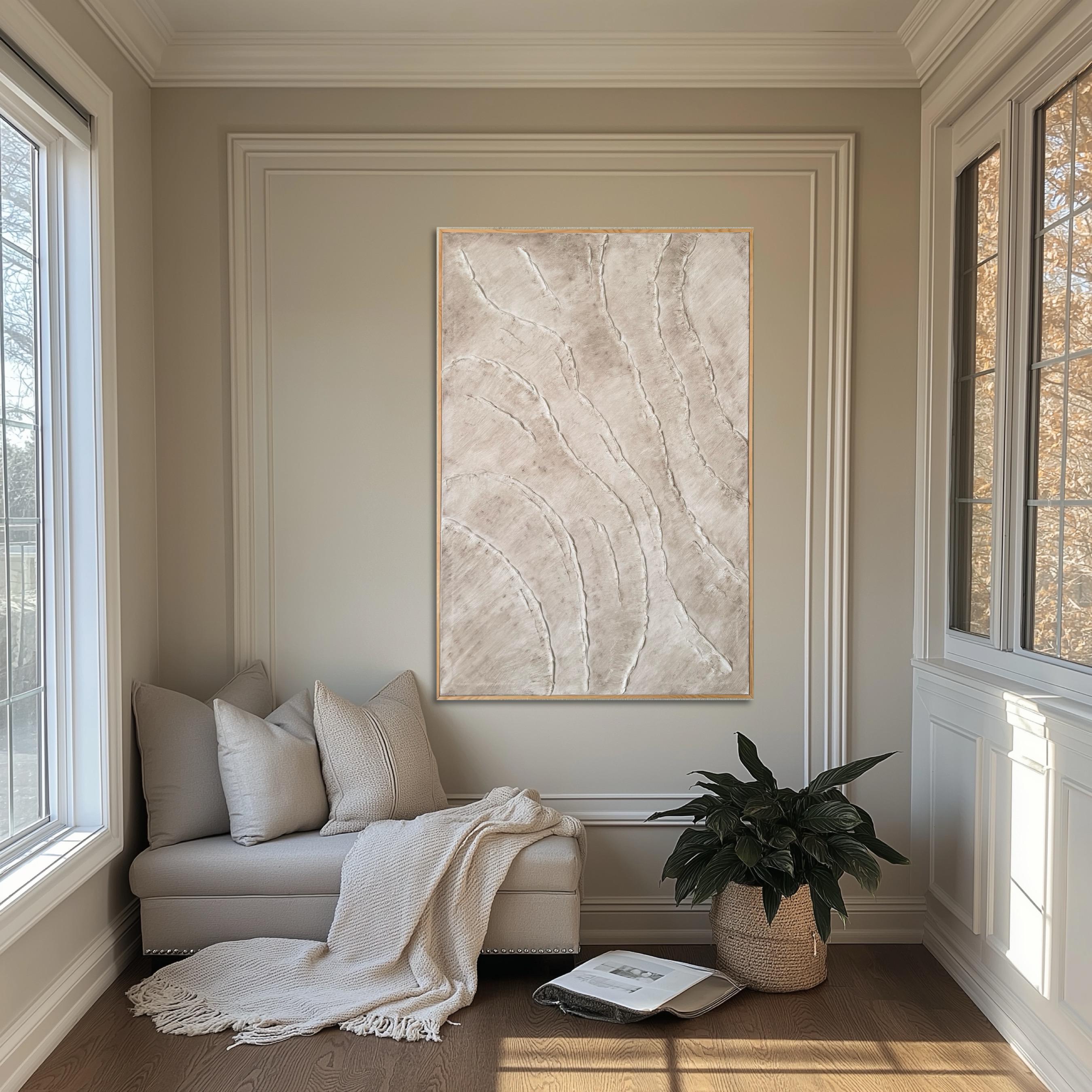 SAND RIPPLE: Wabi-Sabi Wall Art, Hand-Painted Minimalist Beige Plaster Effect Relief 3D Textured Gallery Art
