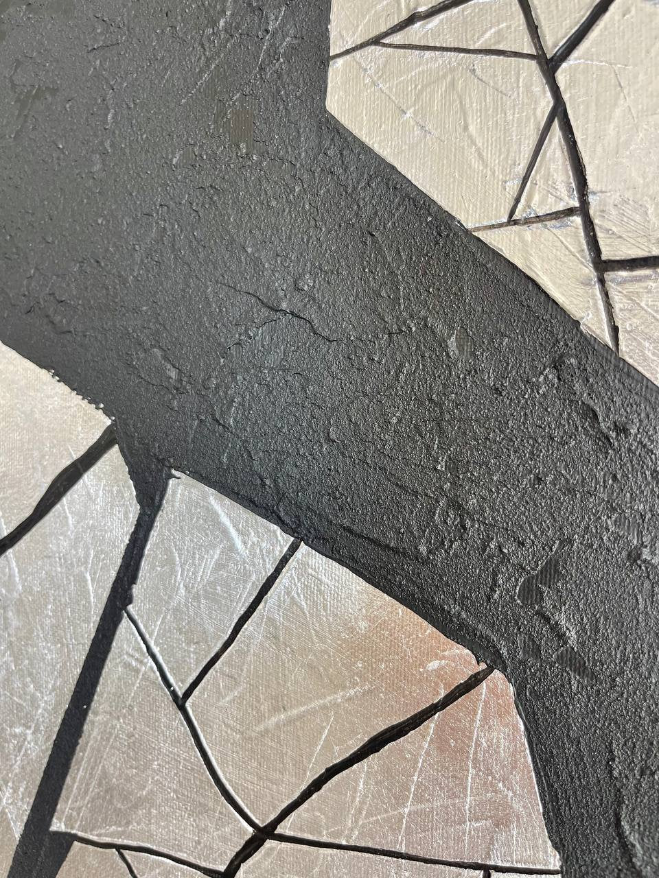 Fractured Core – Hand-Painted Black and Silver Geometric Rock Relief Wabi-Sabi Painting | Japandi Wabi-Sabi Living Room & Bedroom Art