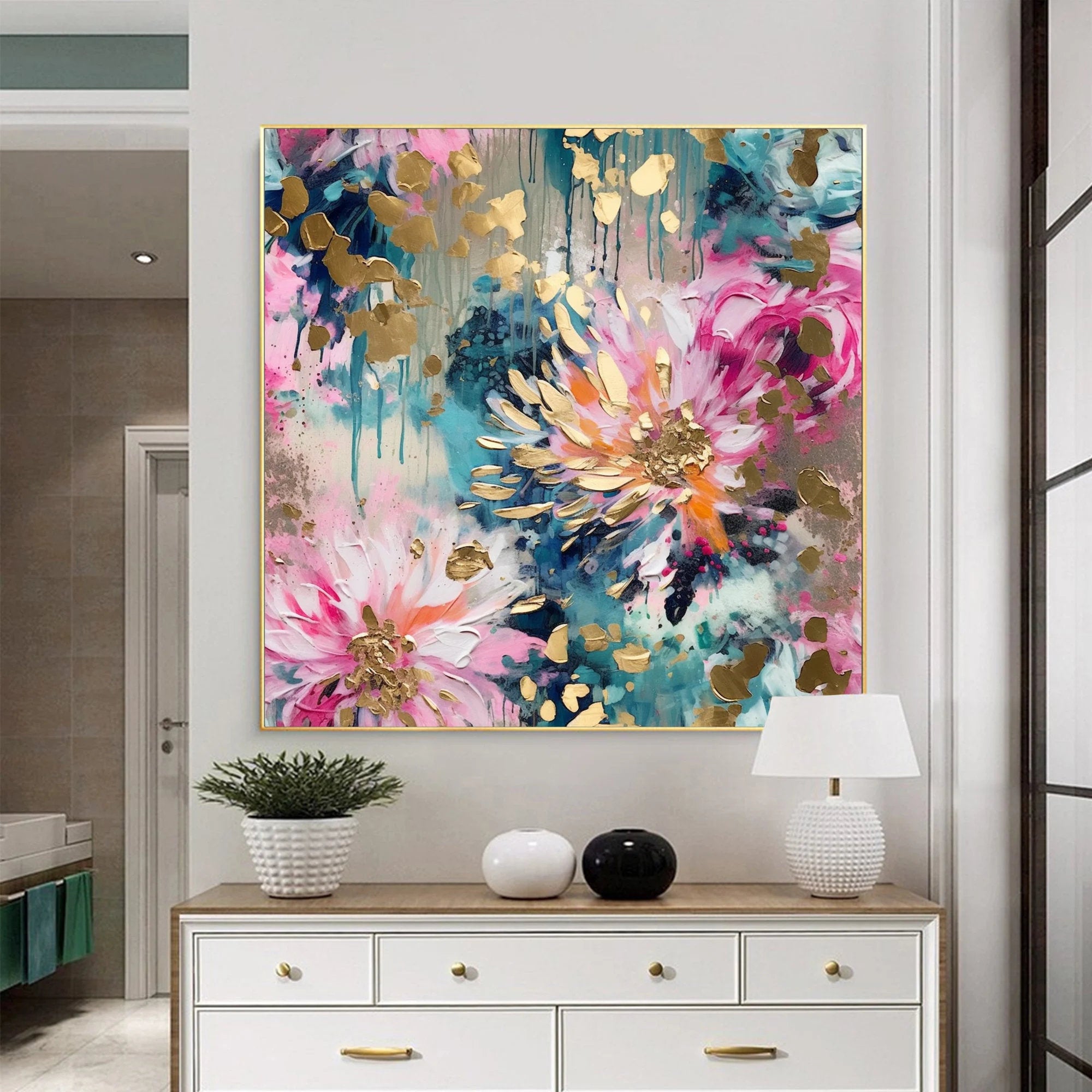 Aurora Bloom – Hand-Painted Multicolored Pink and Teal Gold Foil Abstract Floral Painting | Modern Luxury Botanical Bedroom & Living Room Art