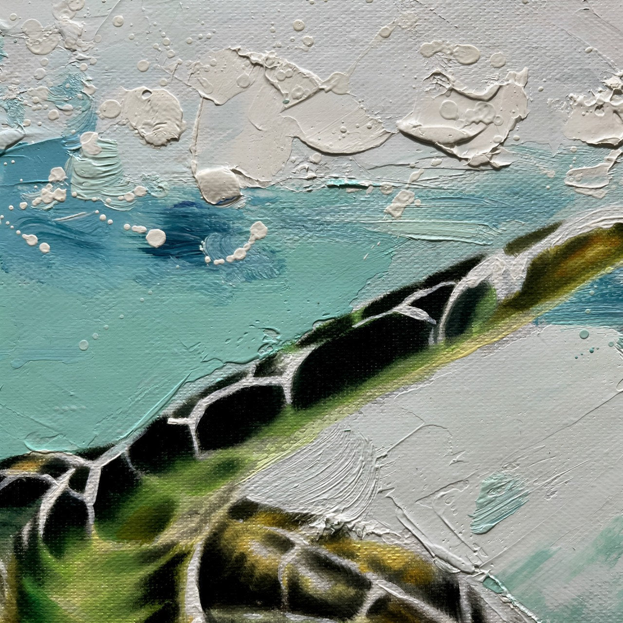 Azure Voyager – Modern 3D Heavy Impasto Sea Turtle Oil Painting | Ocean Themed Textured Hallway Decor