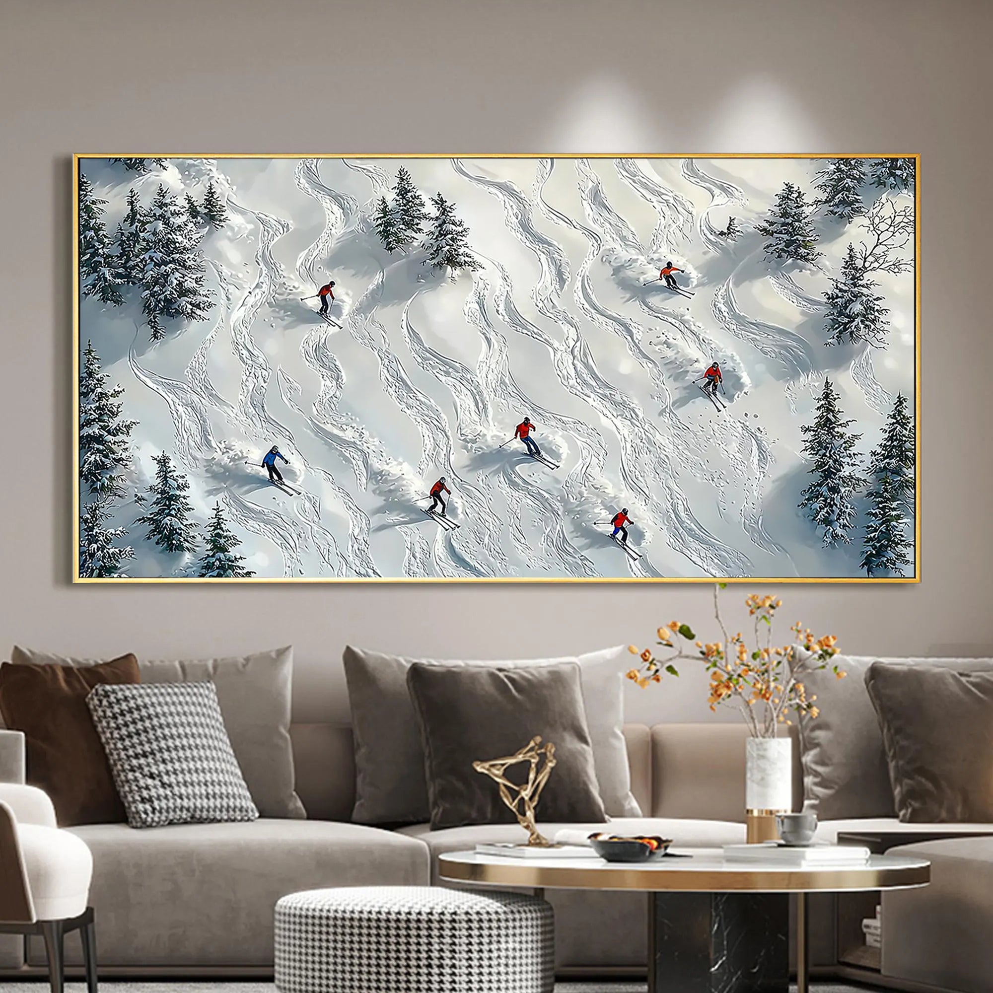 Alpine Trails – Hand-Painted Aerial View Skiers 3D Textured Snow Mountain Sport Painting | Contemporary Mountain Living Room & Home Office Art