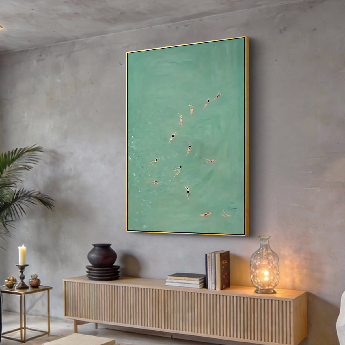 Mint Sea Wanderlust – Modern Retro Swimmers Mint Green Art | Cozy Summer Bedroom Art