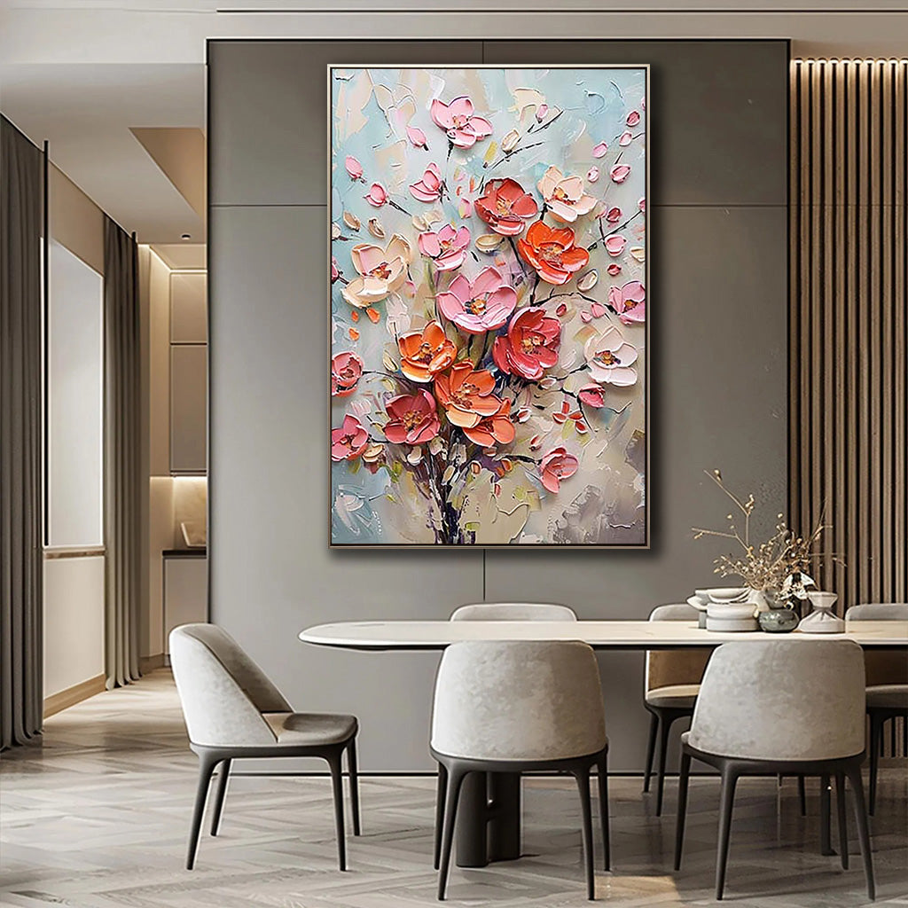 Coral Radiance – Hand-Painted Pink and Orange 3D Relief Plaster Effect Floral Painting | Heavy Texture Gallery Art