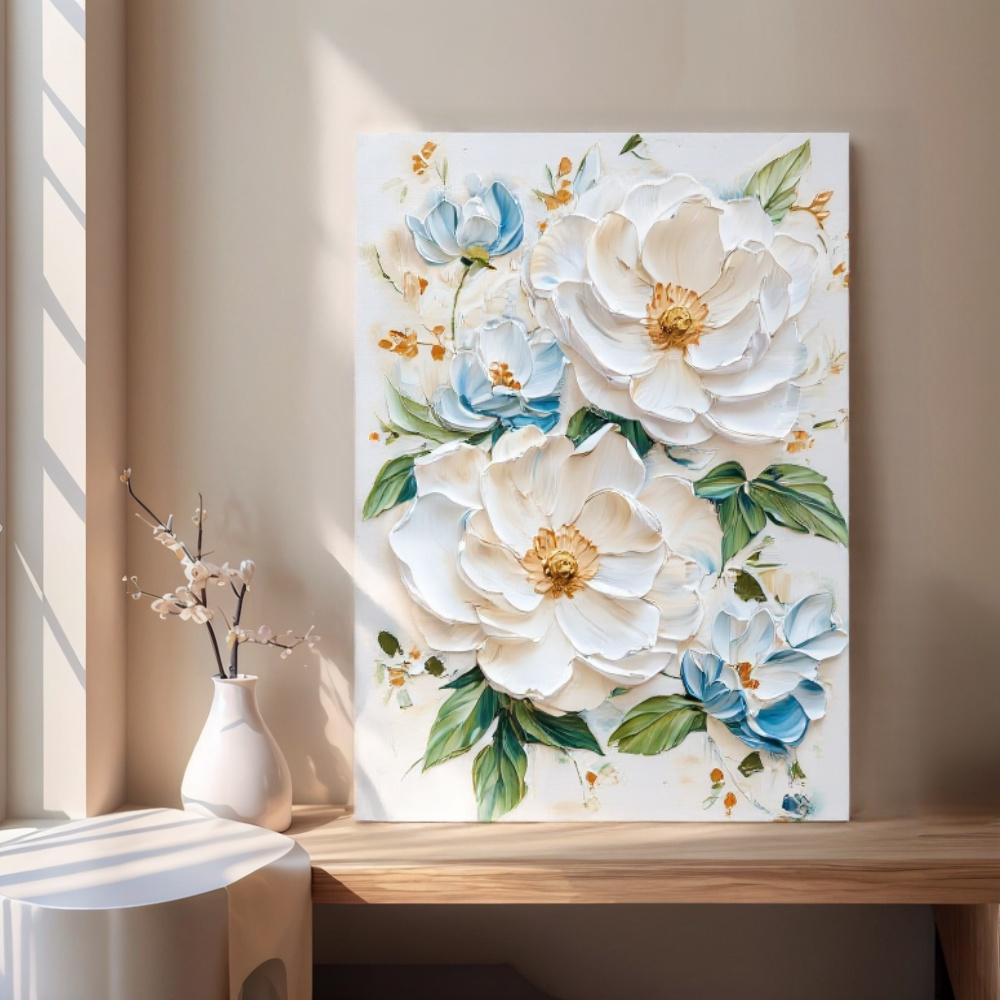 Pure Elegance – Hand-Painted Off-White and Soft Blue 3D Relief Plaster Effect Floral Painting | Soft Organic Botanical Bedroom & Living Room Art
