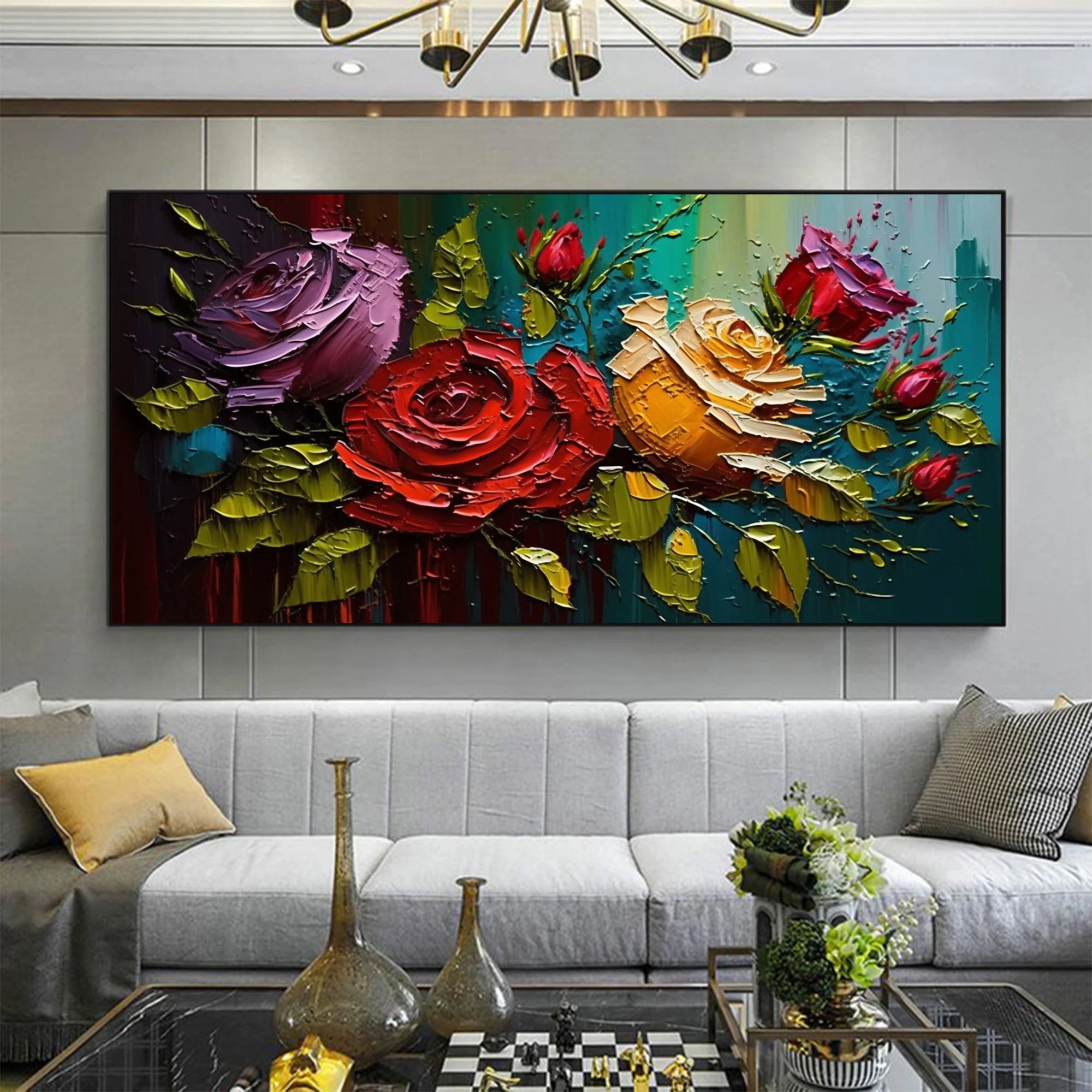 Velvet Roses – Vibrant Floral Relief Floral Painting | Vibrant Botanical Living Room & Dining Room Art