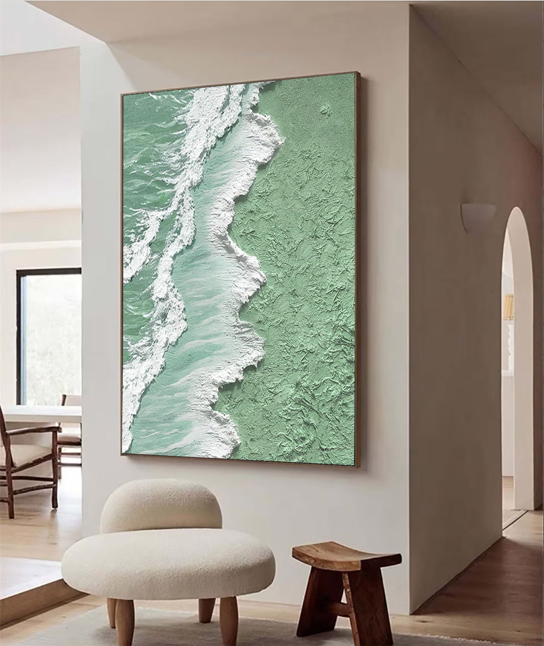 Oxygen Shore – Modern Textured Painting | Creative Wabi-Sabi Mint Green Sea Wave Entryway Art