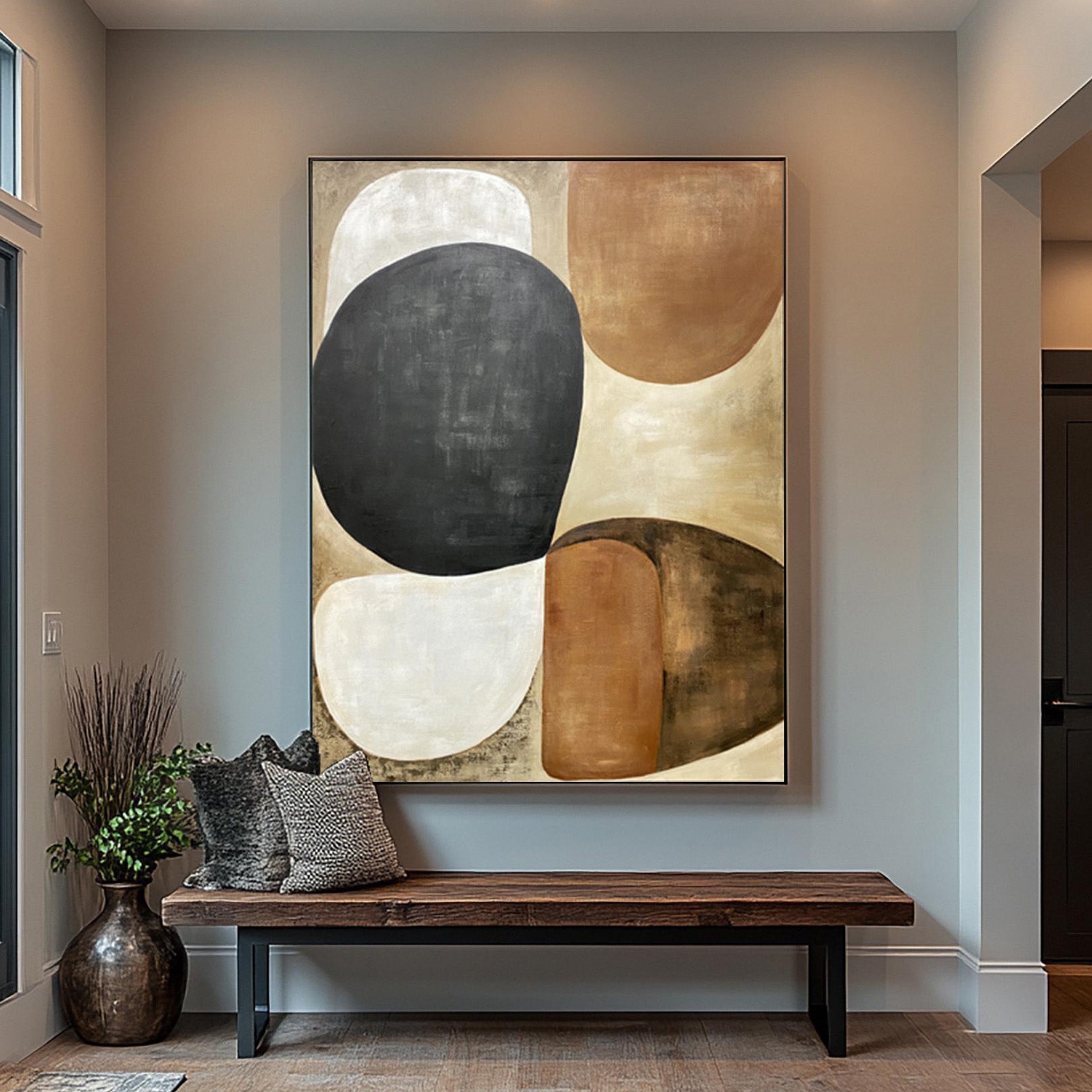 Earthen Echo – Organic Pebble Shapes in Terracotta & Slate Abstract Painting | Japandi Organic Wabi-Sabi Living Room & Hallway Art
