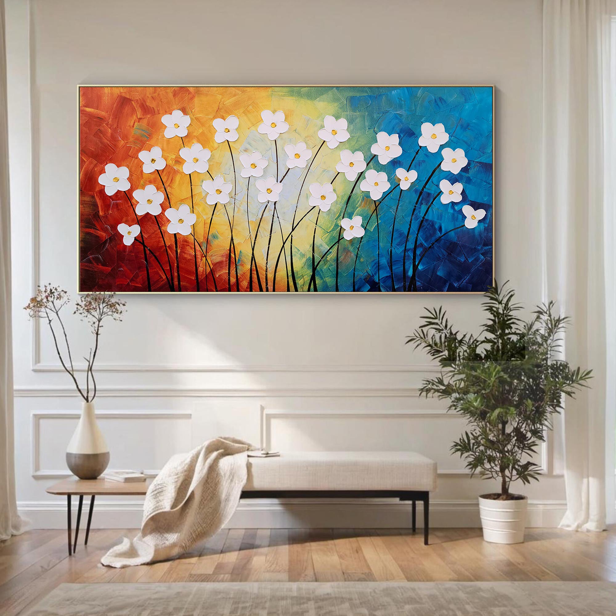 Vivid Bloom – Vibrant Wildflower Relief Floral Painting | Vibrant Botanical Living Room & Dining Room Art