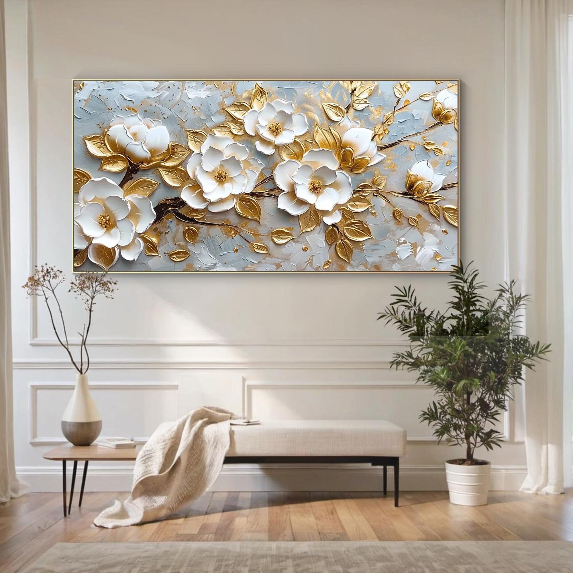 Golden Bloom – Luxury Gold Foil White Flower 3D Relief Floral Painting | Modern Luxury Botanical Bedroom & Living Room Art