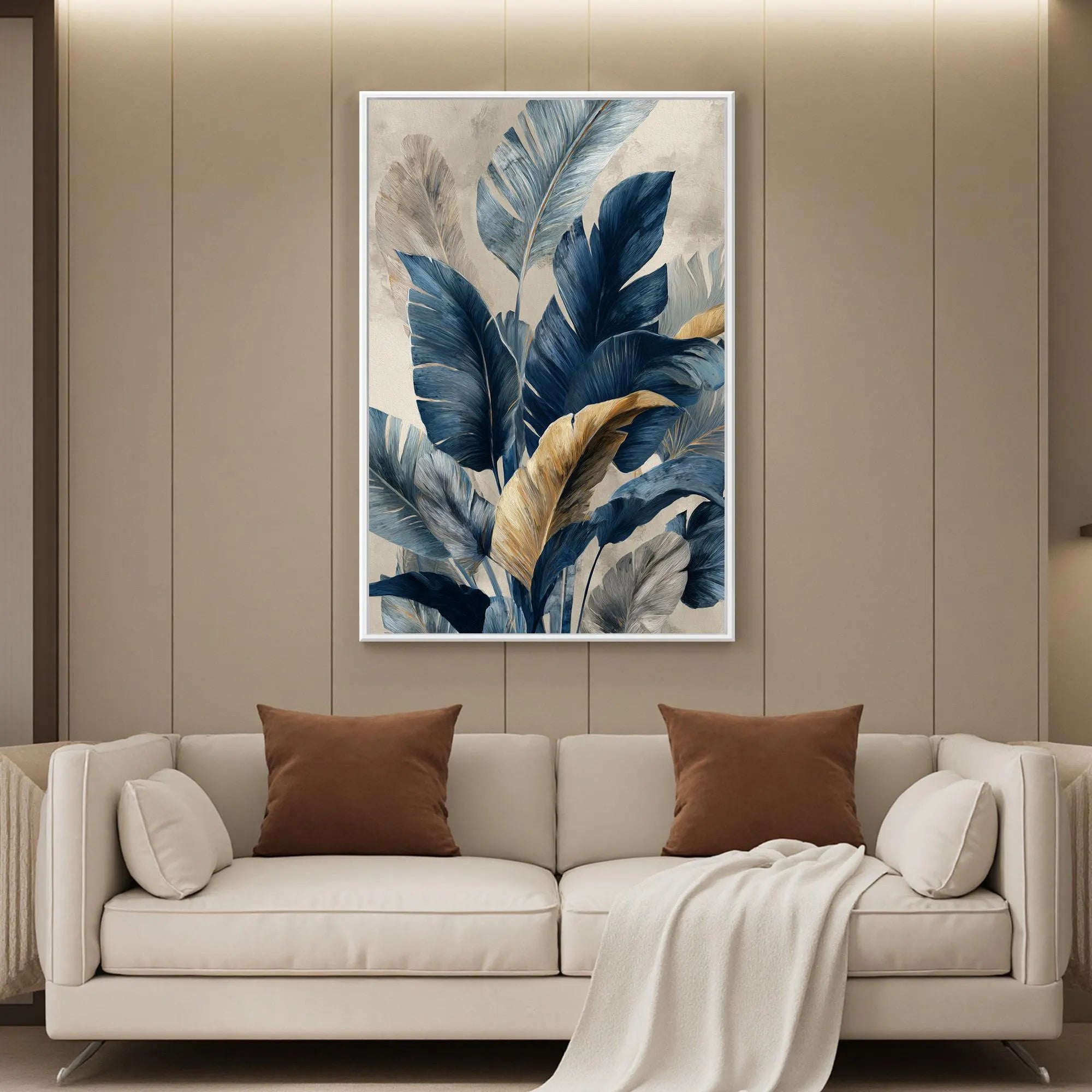 Midnight Jungle – Hand-Painted Navy Blue and Gold Foil Banana Leaf Floral Painting | Modern Luxury Botanical Bedroom & Living Room Art