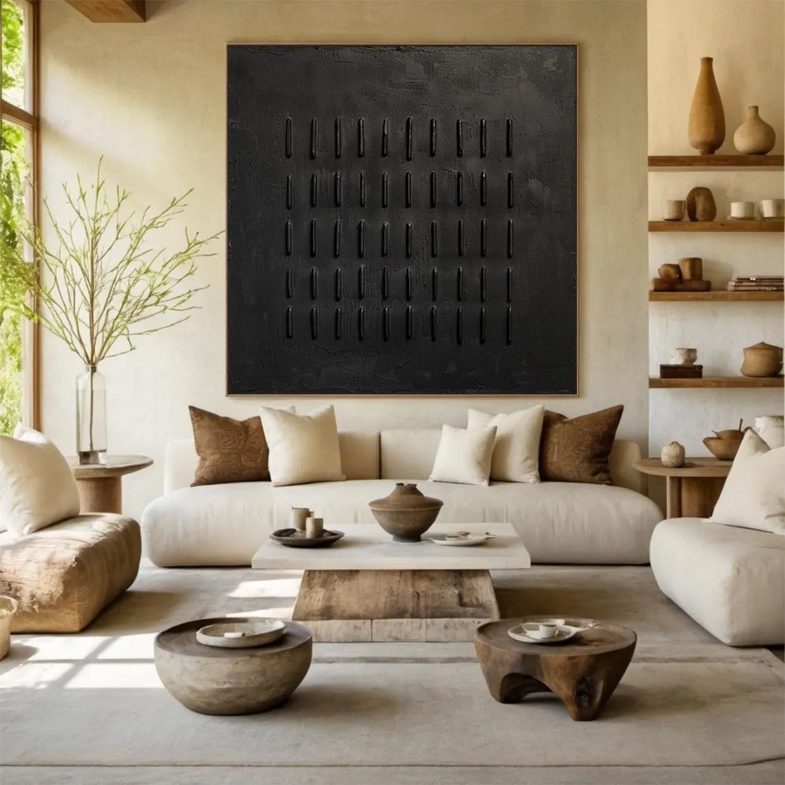 Onyx Rhythm – Hand-Painted All-Black Minimalist Plaster Relief Wabi-Sabi Painting | Modern Noir Wabi-Sabi Living Room & Home Office Art