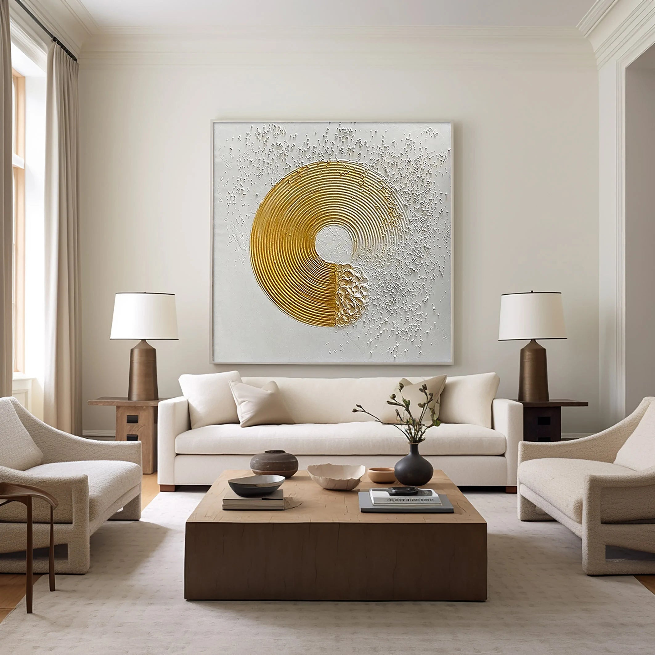 Golden Vortex – Gold Leaf Zen Circle Relief Texture Painting | Modern Luxury Metallic Living Room & Hotel Art